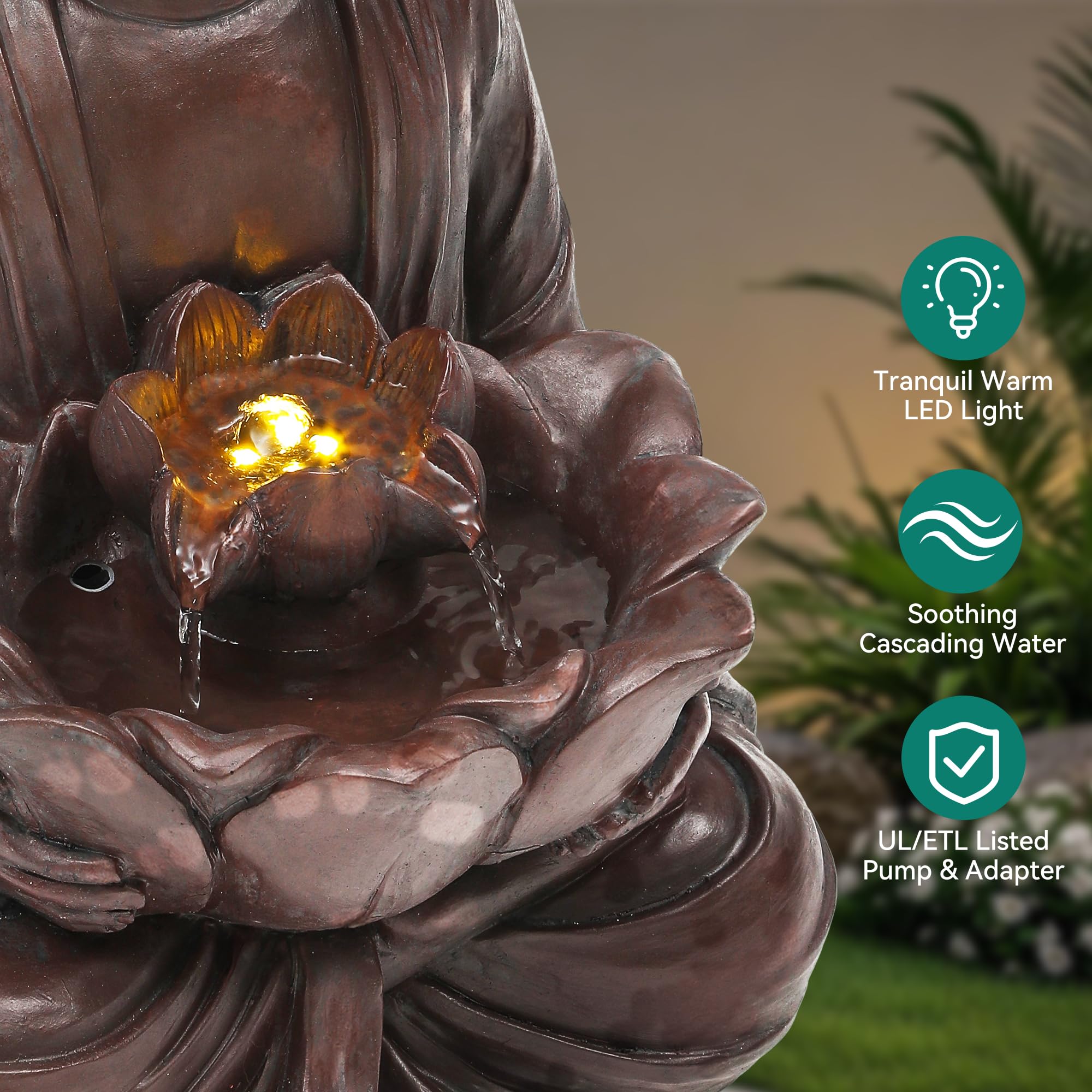 Ultym Zen Buddha closeup of cascading water showing flowing motion and soothing sound benefit