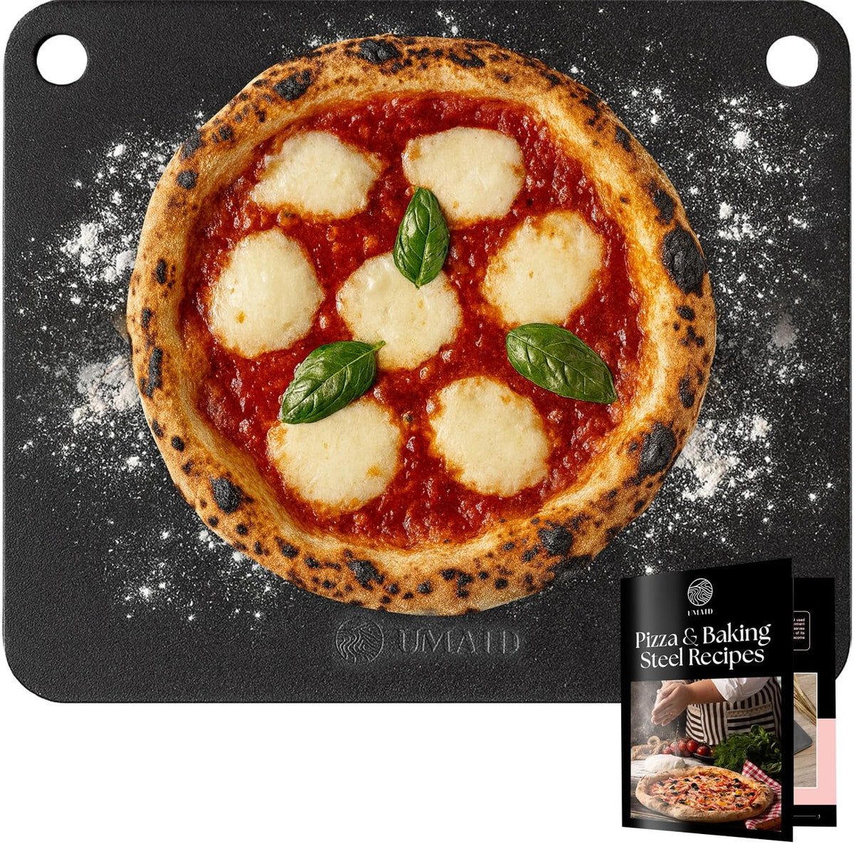 UMAID front view of pizza steel showing full plate and ready-to-use benefit