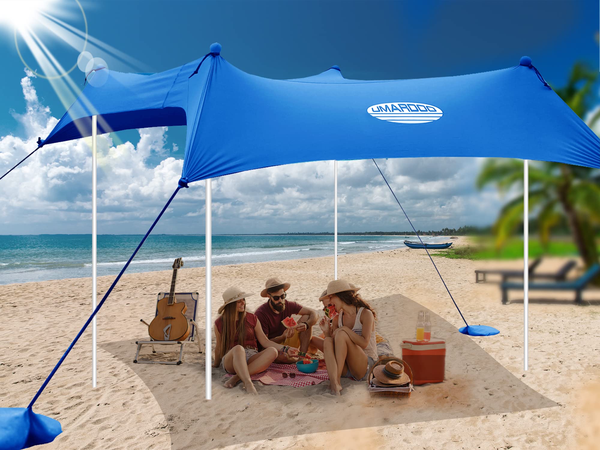 UMARDOO beach lifestyle scene with poles supporting a sunshade for shade comfort