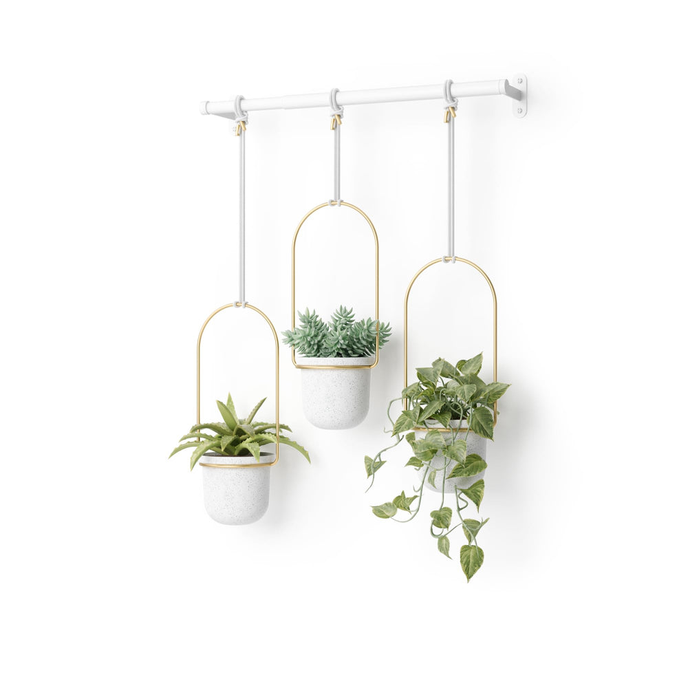 Umbra Triflora front view showing three white pots and brass rod for space-saving display