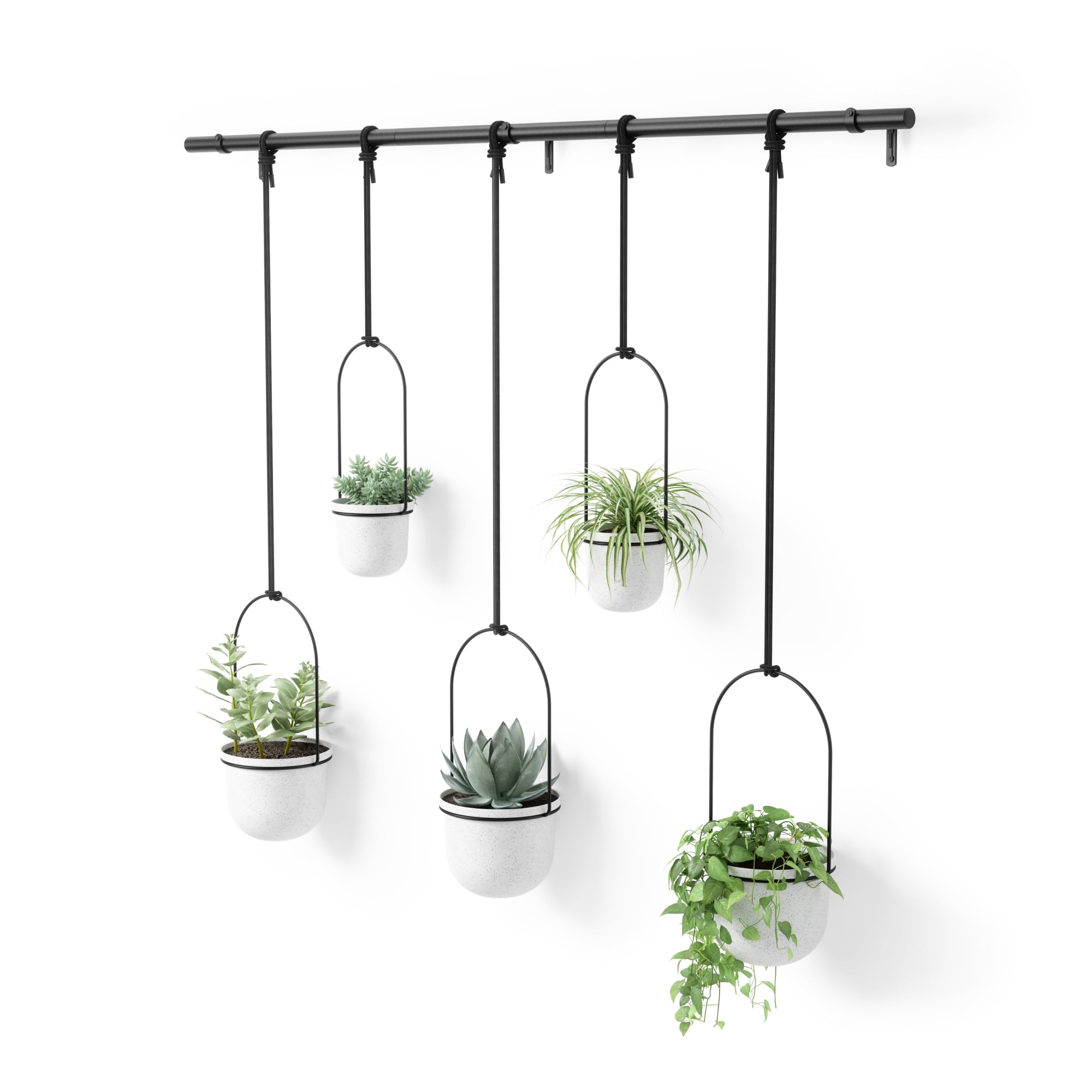Umbra Triflora front view showing five hanging planters and modern style benefit