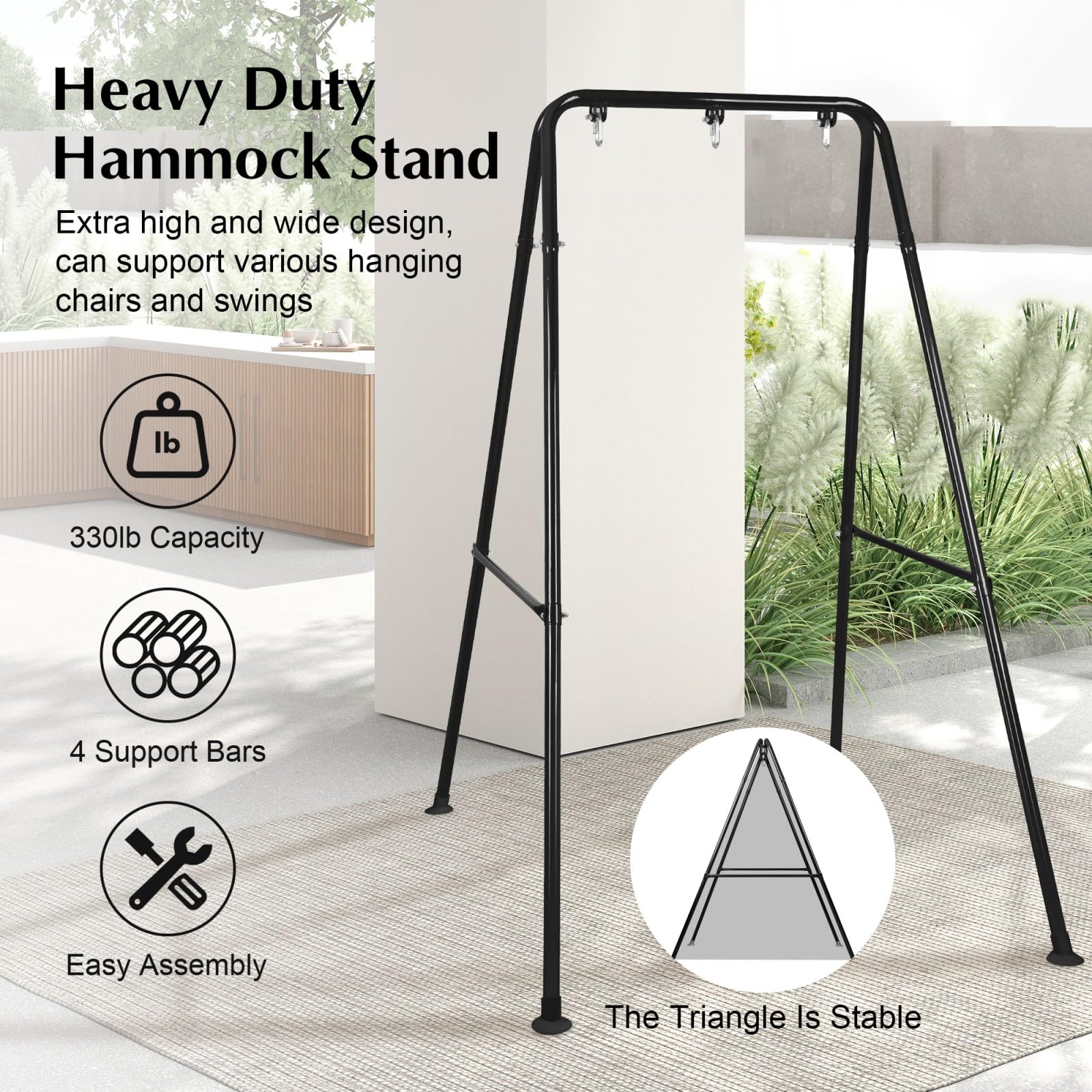 UMIKOOL DIRECT stand with hanging chair in garden offering relaxed outdoor seating benefit