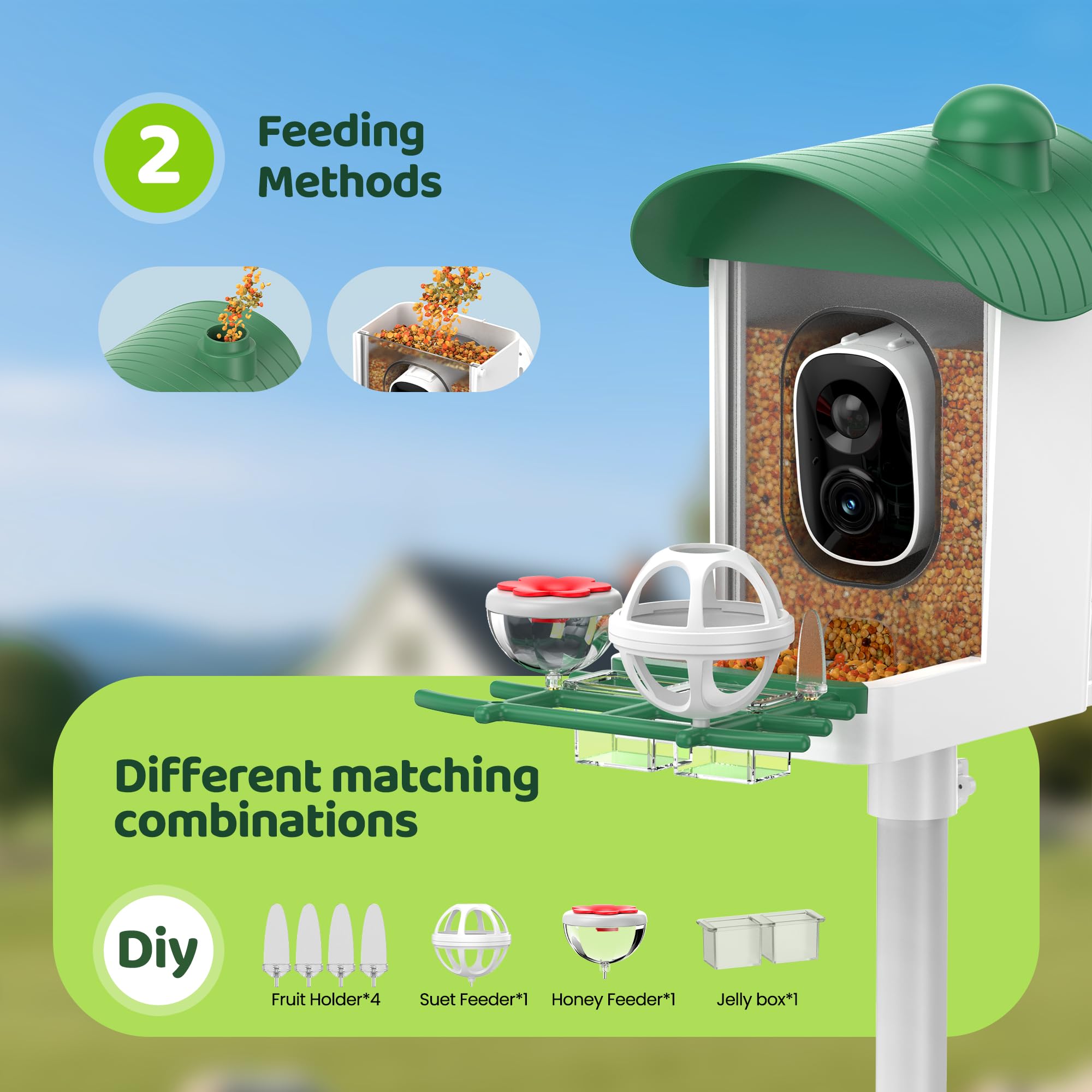 UMOCUOY mounted on garden pole with natural background for backyard wildlife watching