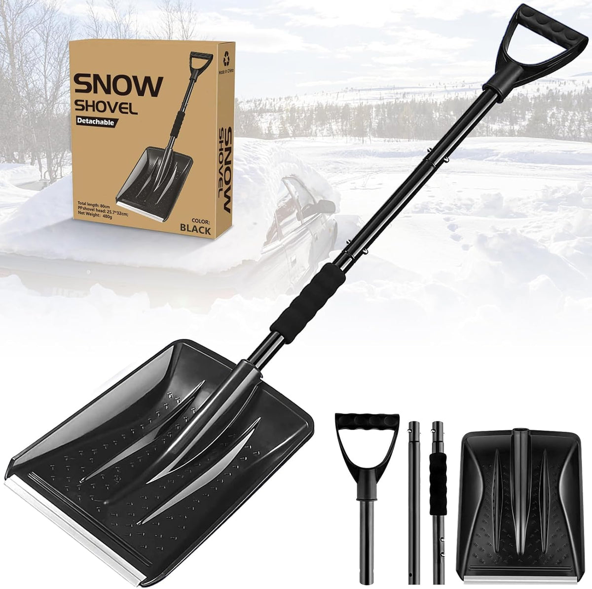 UMUACCAN front view of shovel ready for use, showing durable blade and handle benefits