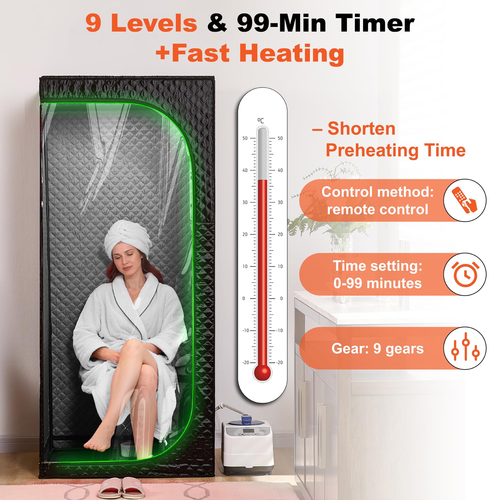 UNANEST steamer unit close-up with controls, benefit of fast heating