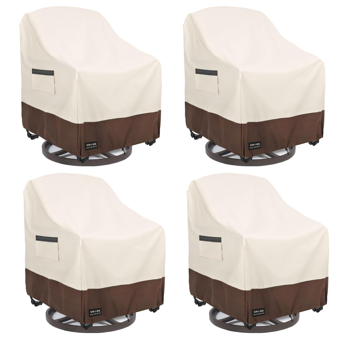 UNARK front view of four packaged chair covers showing compact set and neat finish