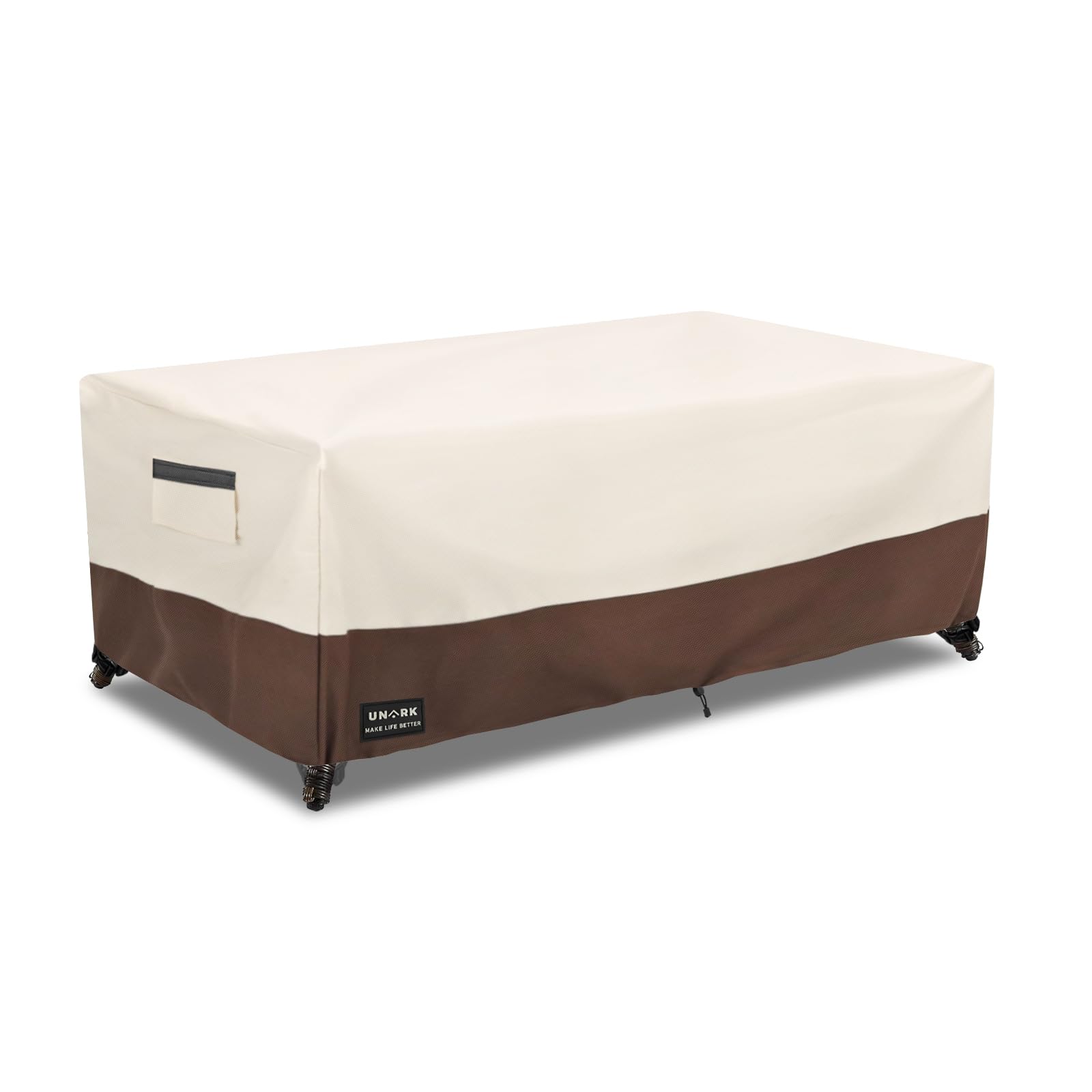 UNARK front view of coffee table cover protecting table from rain and debris