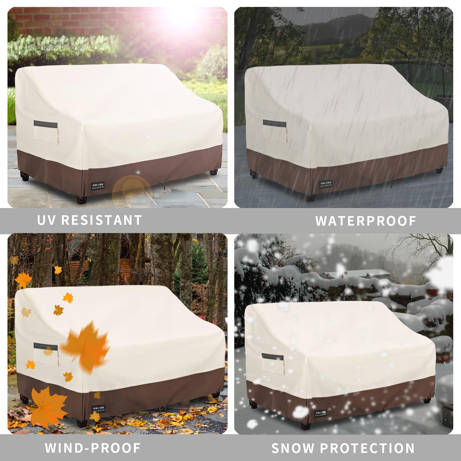 UNARK escala comparativa mostrando las dimensiones 76x33x32 pulgadas