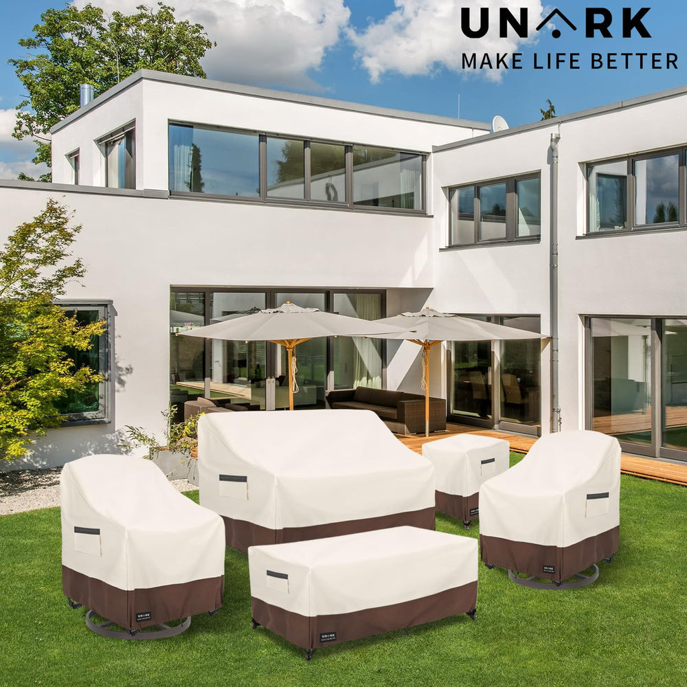 UNARK beige and brown covers on a patio illustrating discreet protective styling