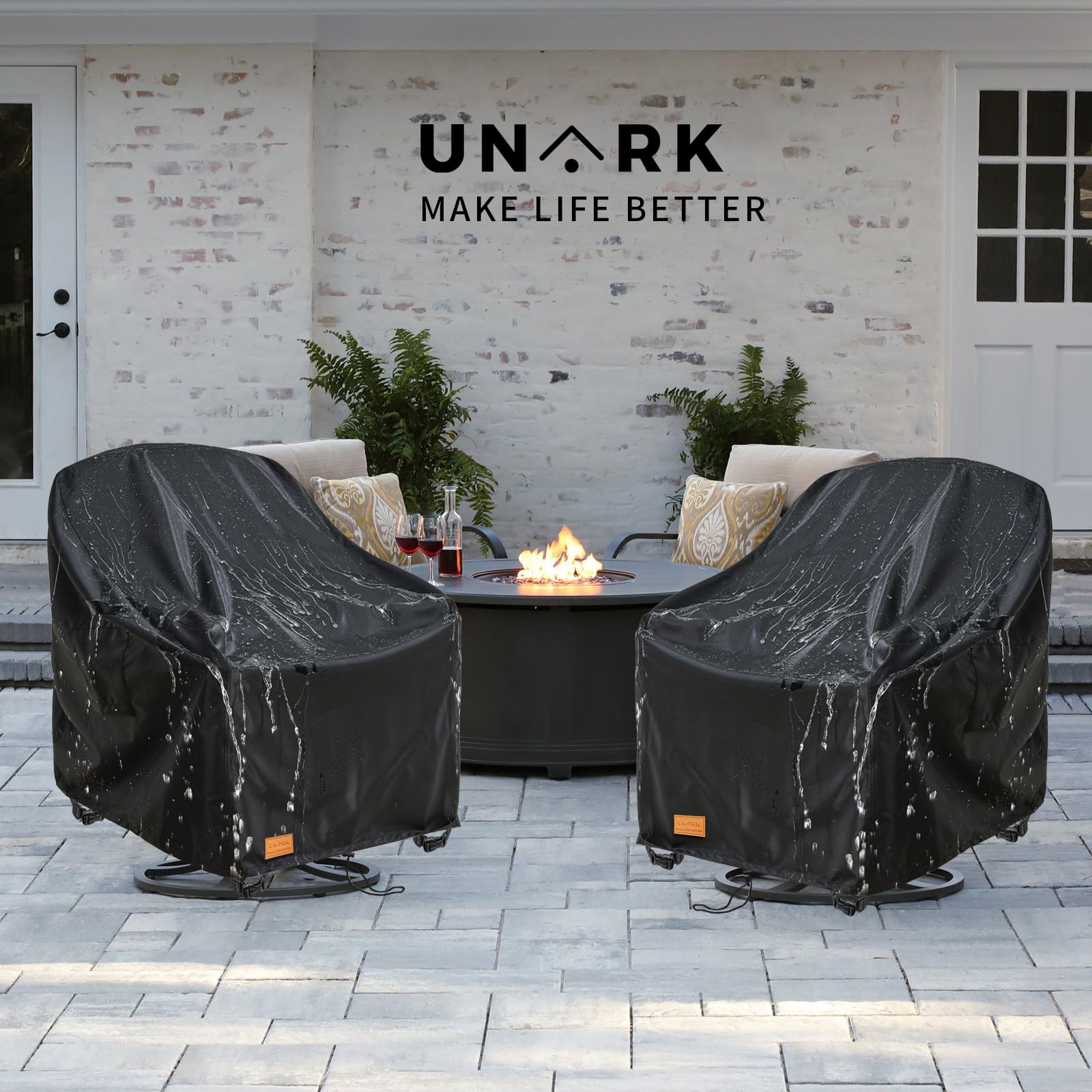 UNARK deck lifestyle with two covered chairs showing aesthetic protection benefit