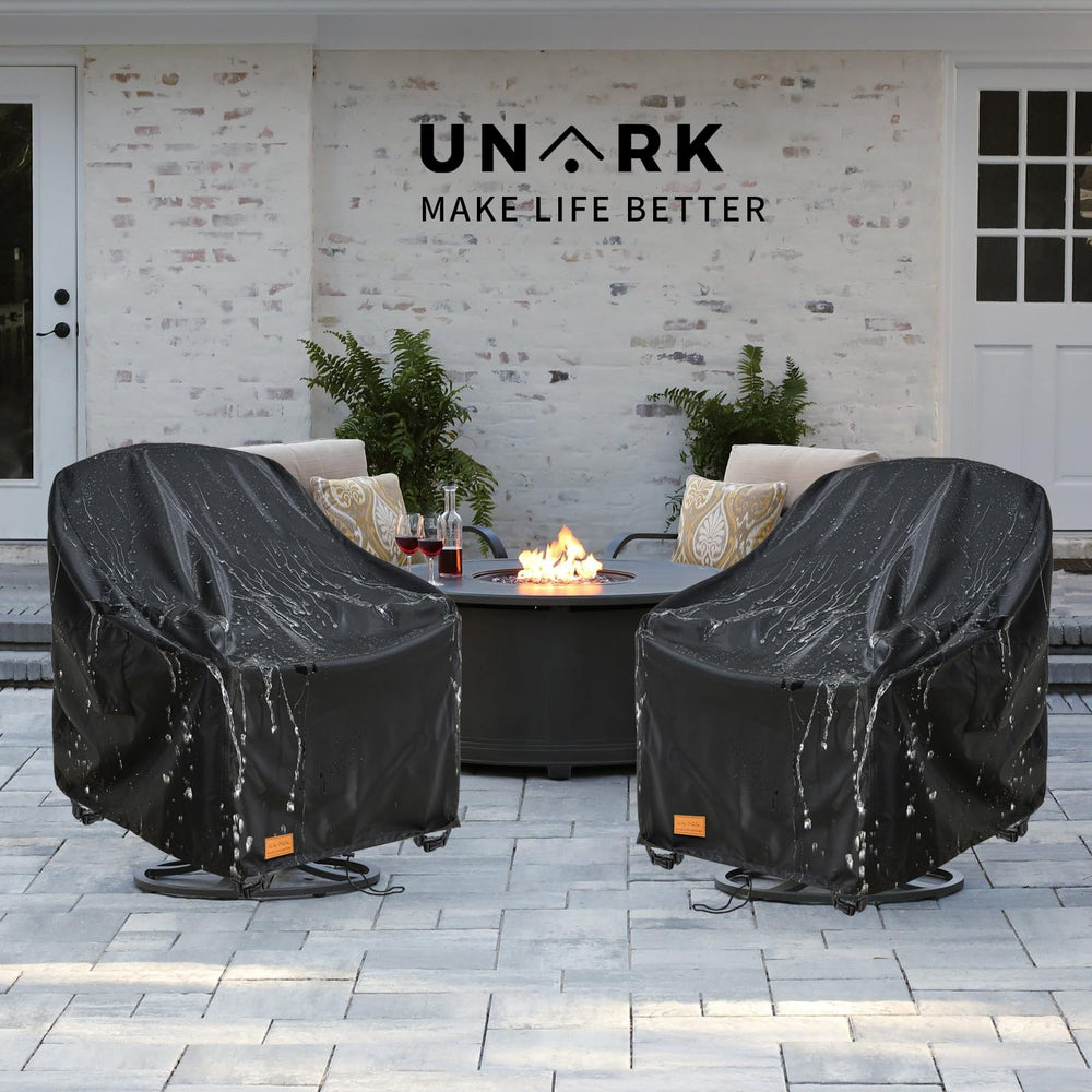 UNARK deck lifestyle with two covered chairs showing aesthetic protection benefit