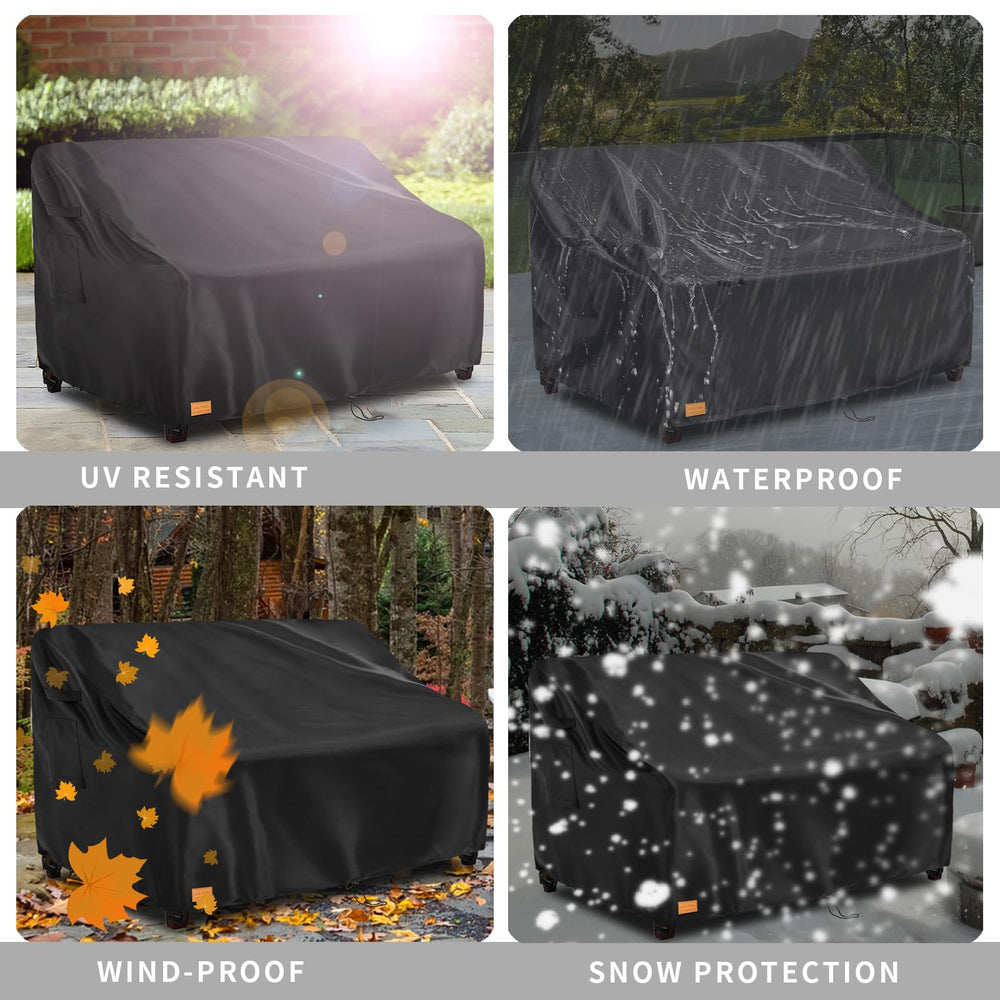 UNARK lifestyle evening patio setting illustrating covered loveseat durability
