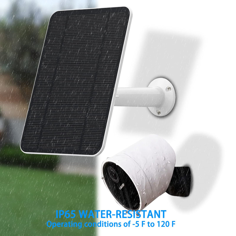 Uncle Squirre panel mounted on exterior wall powering camera, demonstrating continuous power benefit