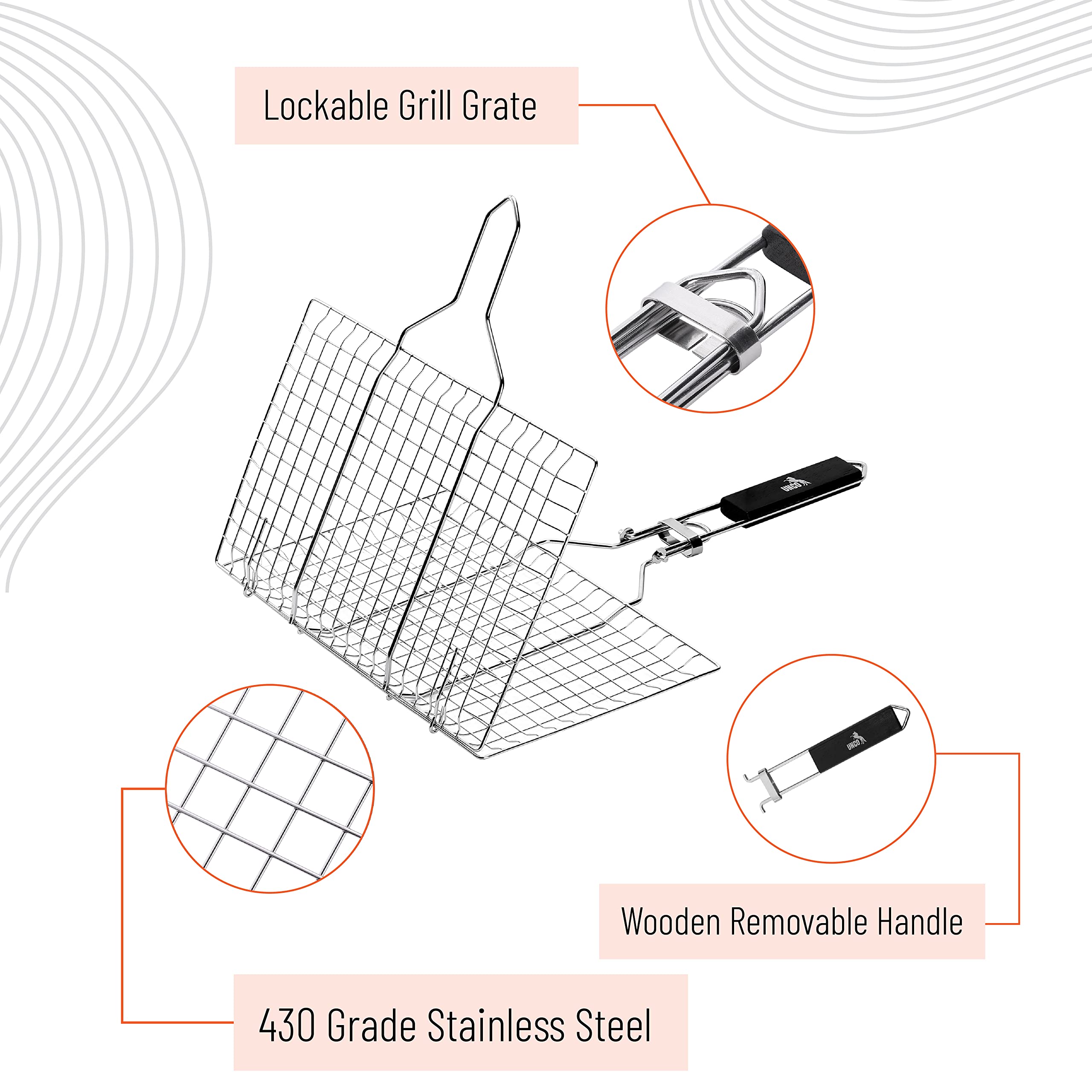 UNCO close-up of stainless-steel grate detail, benefits secure food grip and heat transfer