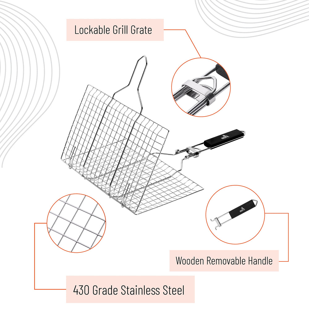 UNCO close-up of stainless-steel grate detail, benefits secure food grip and heat transfer