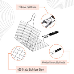 UNCO close-up of stainless-steel grate detail, benefits secure food grip and heat transfer