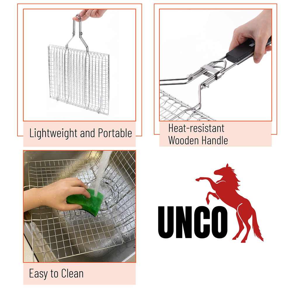UNCO basket in use grilling whole fish over charcoal, benefits prevents sticking and falling