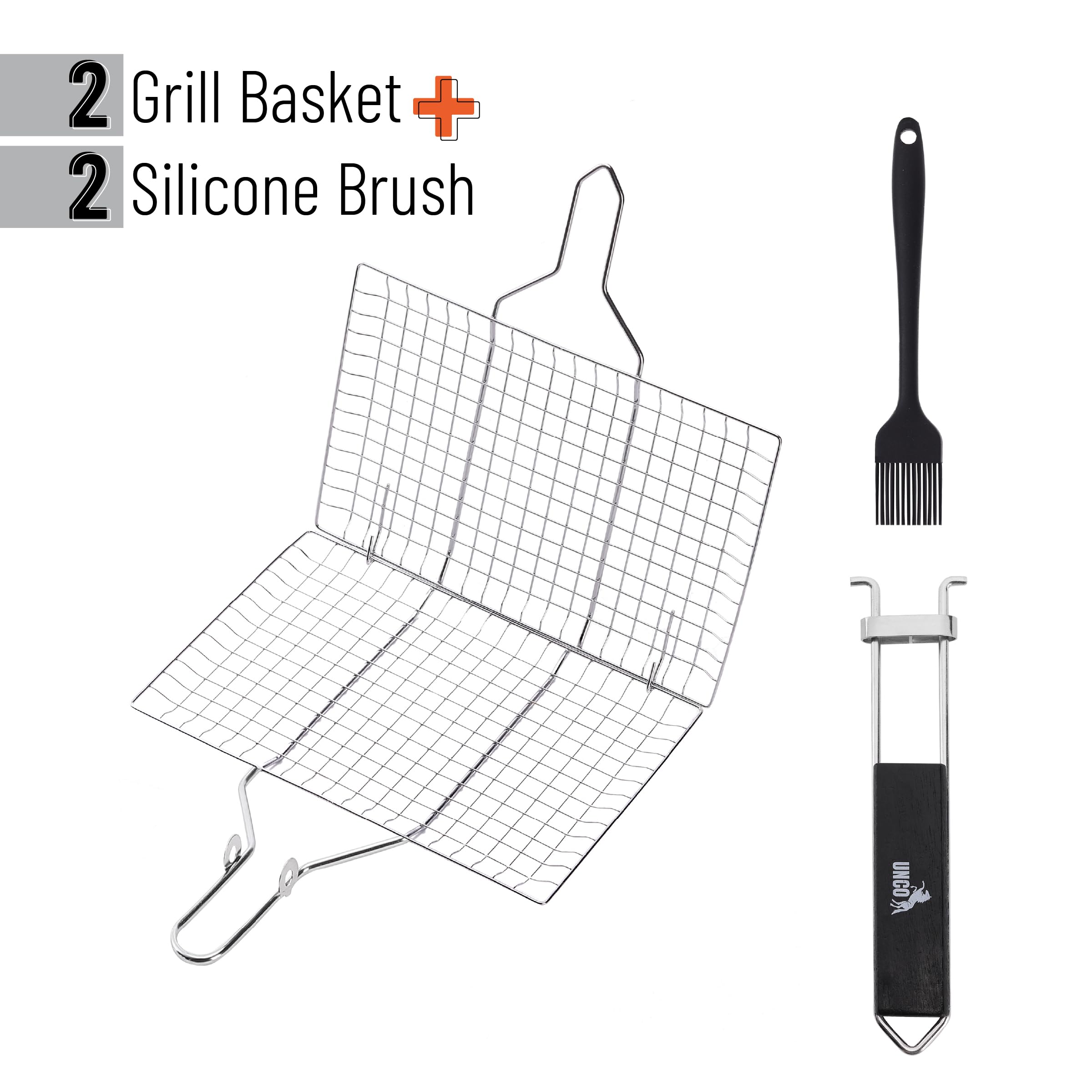 UNCO open grill basket showing 13x8.5 inch cooking area, benefits even cooking