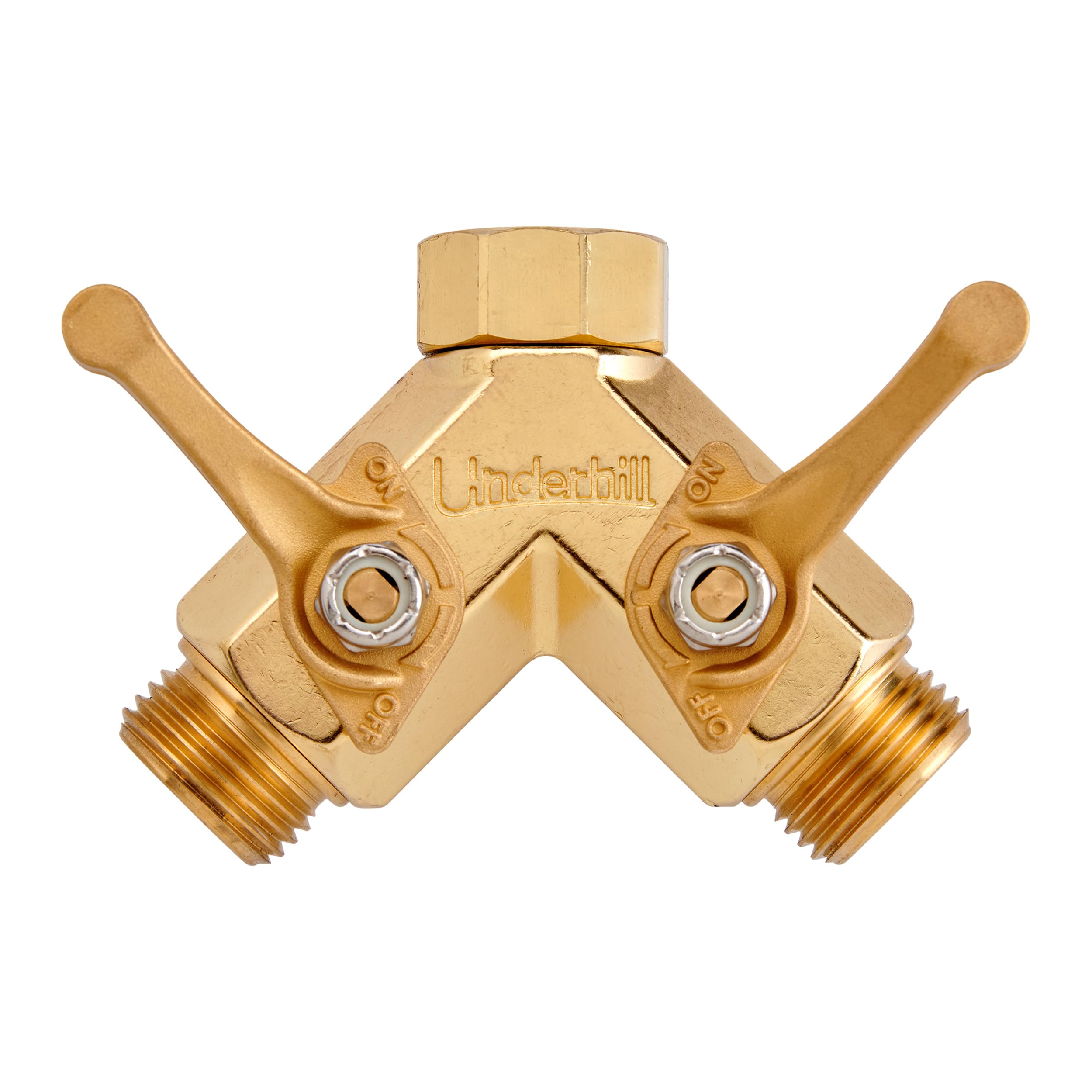 Underhill front view of Y splitter showing dual outlets and sturdy metal build, durable control