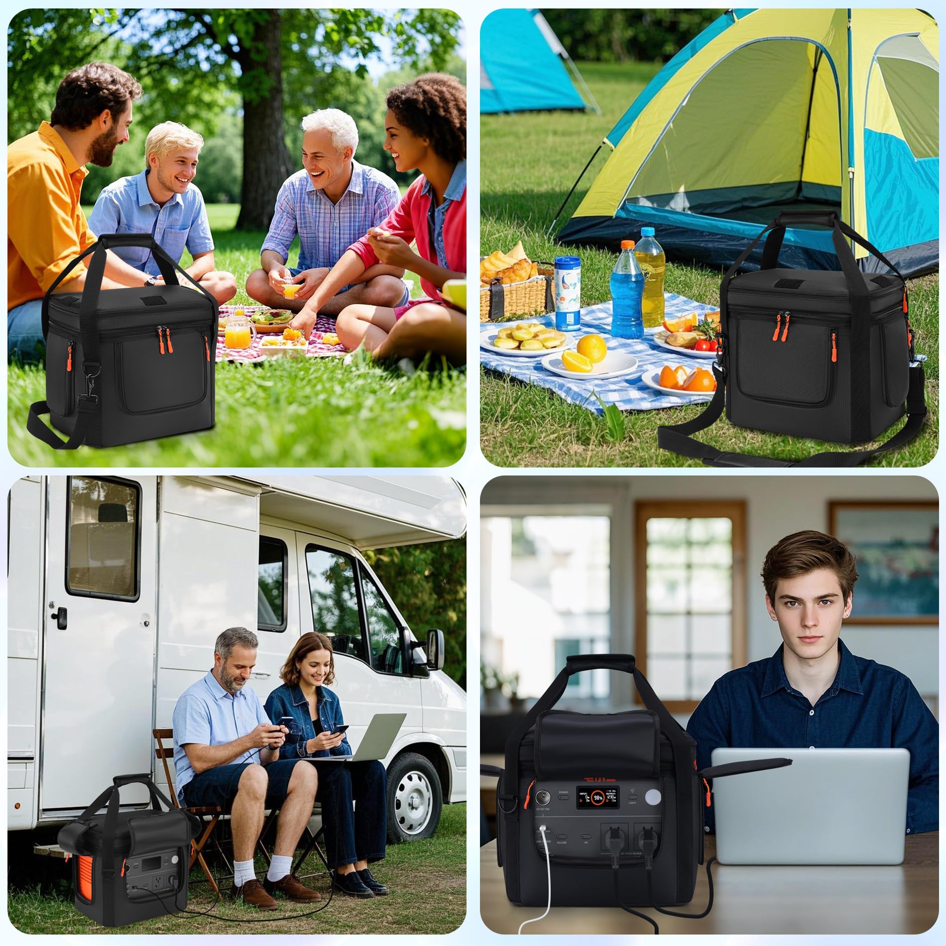 Undomip bag beside camping gear showing safe, portable storage for Jackery Explorer 1000 V2