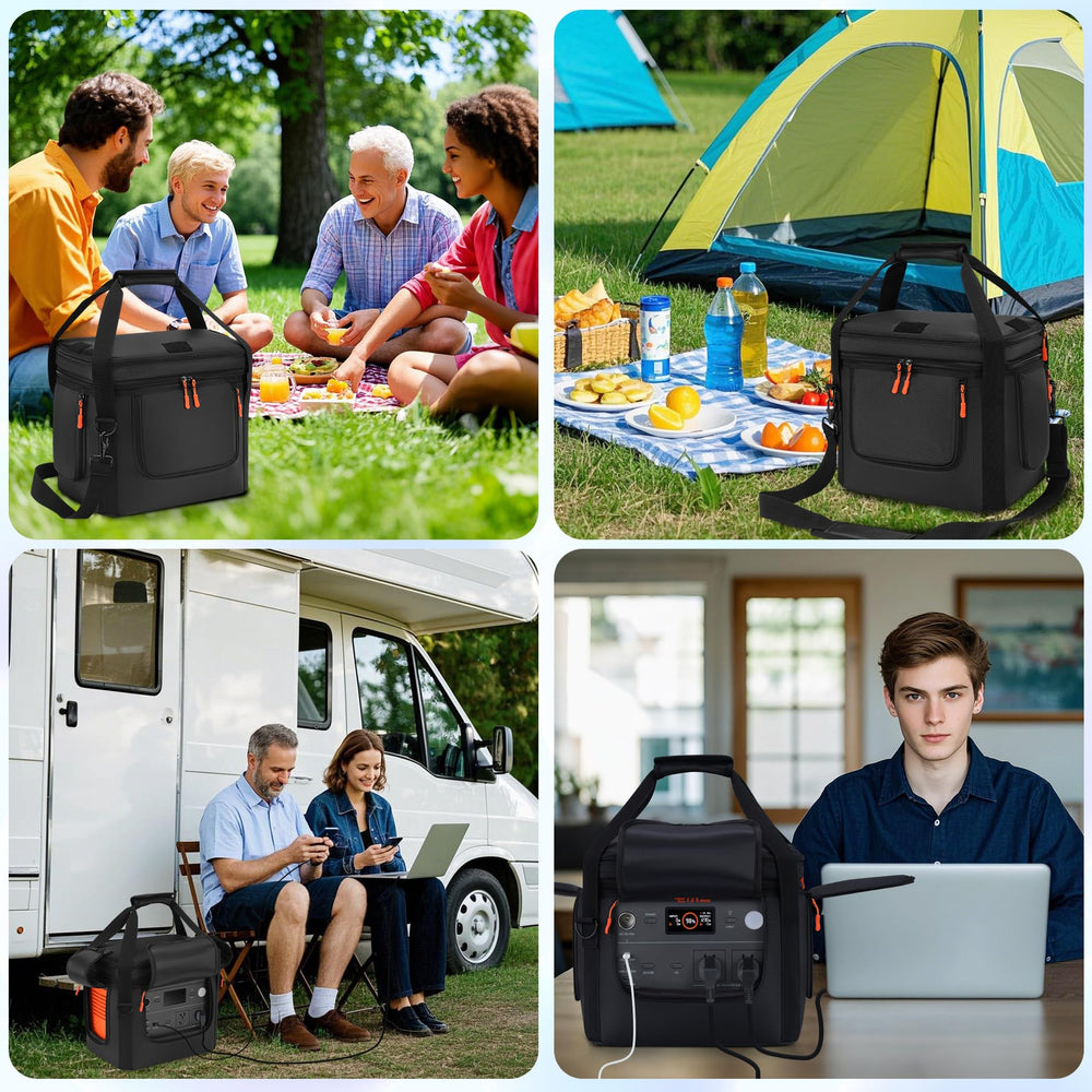 Undomip bag beside camping gear showing safe, portable storage for Jackery Explorer 1000 V2