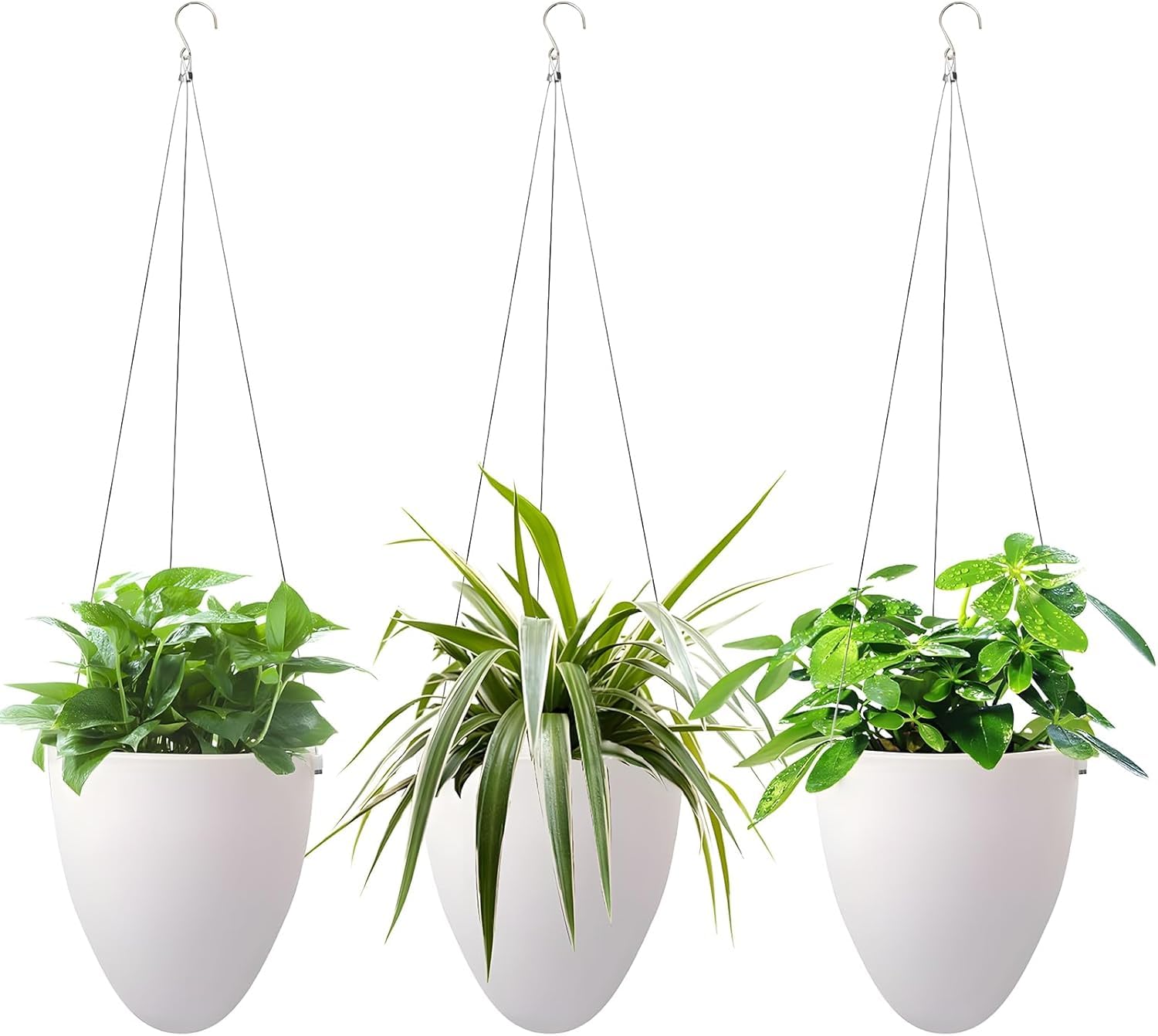 UNDUXE front view of three hanging planters showing sleek egg shape and modern finish