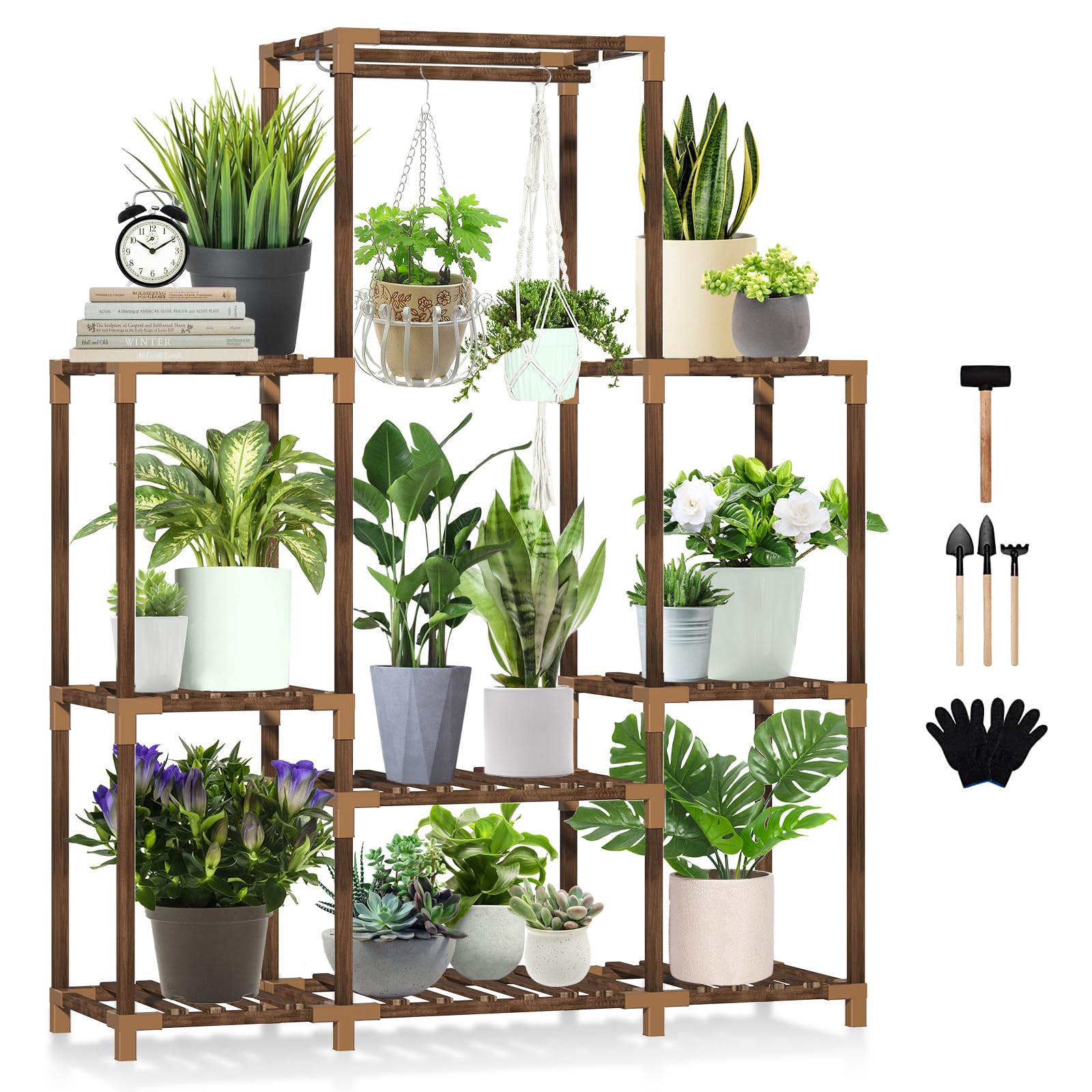 Uneedem front view showing full 8-tier stand displaying many pots and saving space
