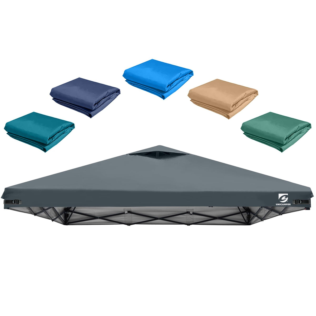 UNICAMPER front view of 10x10 replacement top showing full coverage and weather protection