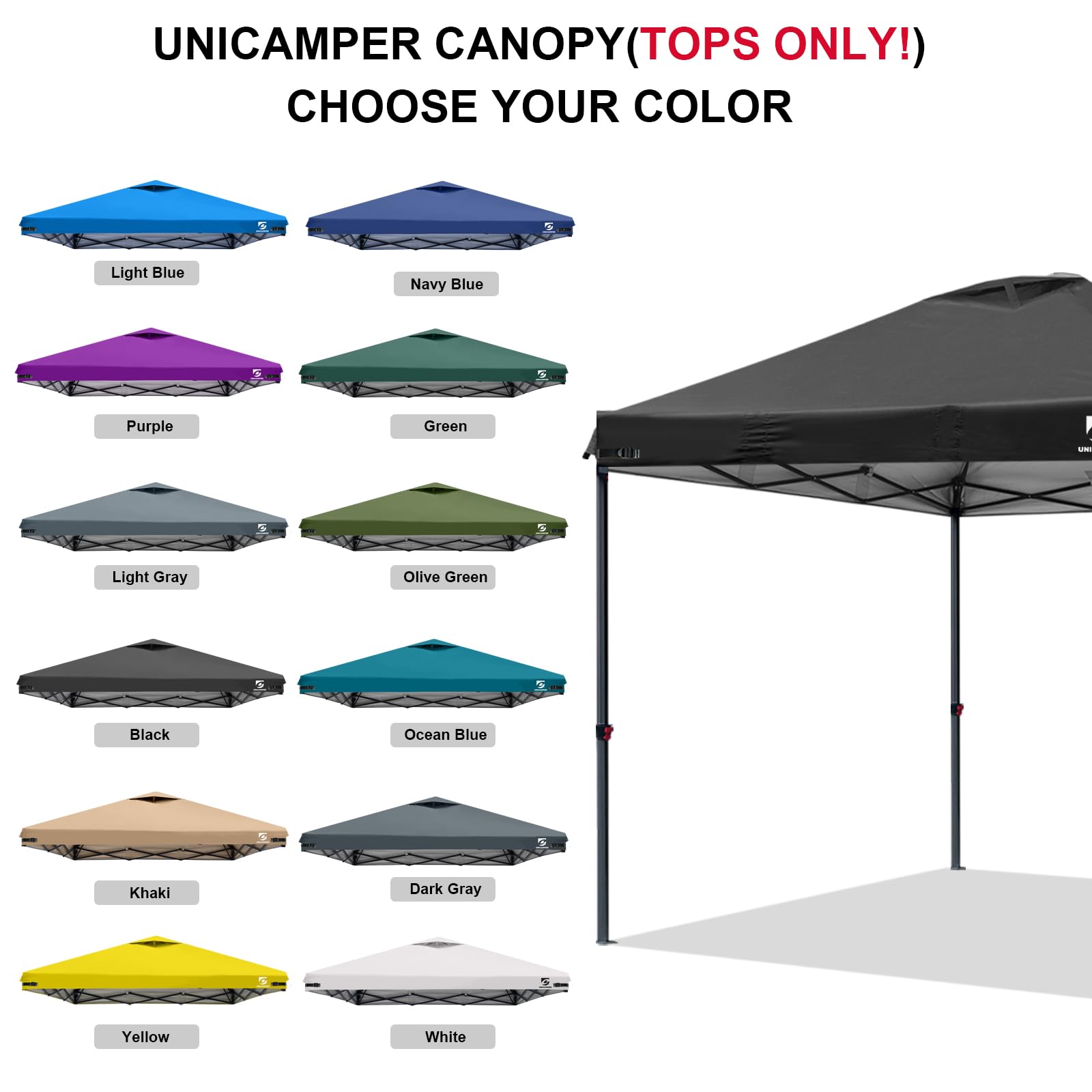 UNICAMPER corner strap and hook-and-loop attachment for secure, adjustable tension