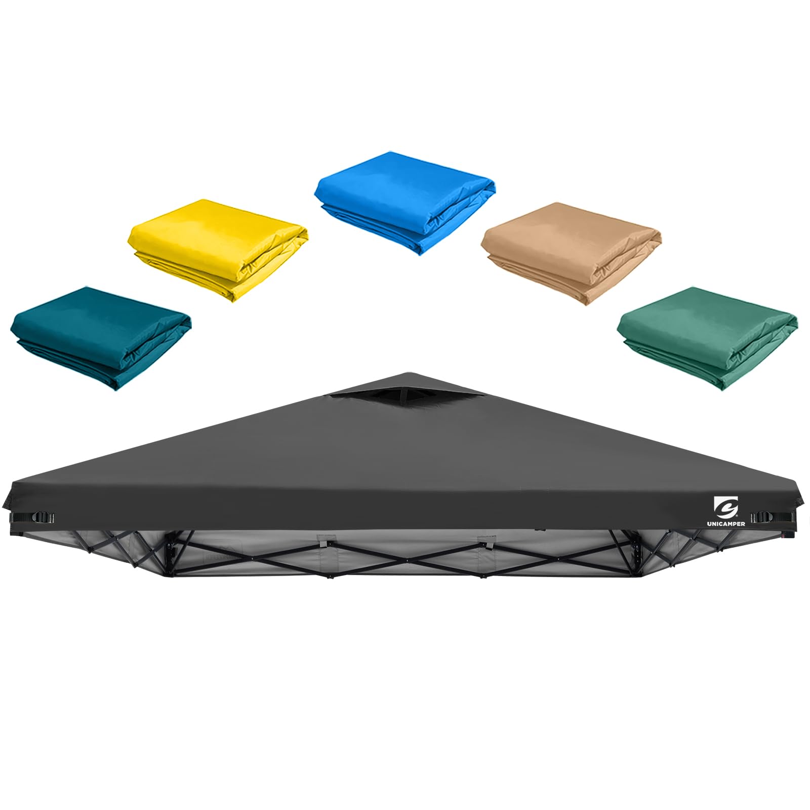 UNICAMPER front view of 10x10 replacement top showing full canopy coverage and shade