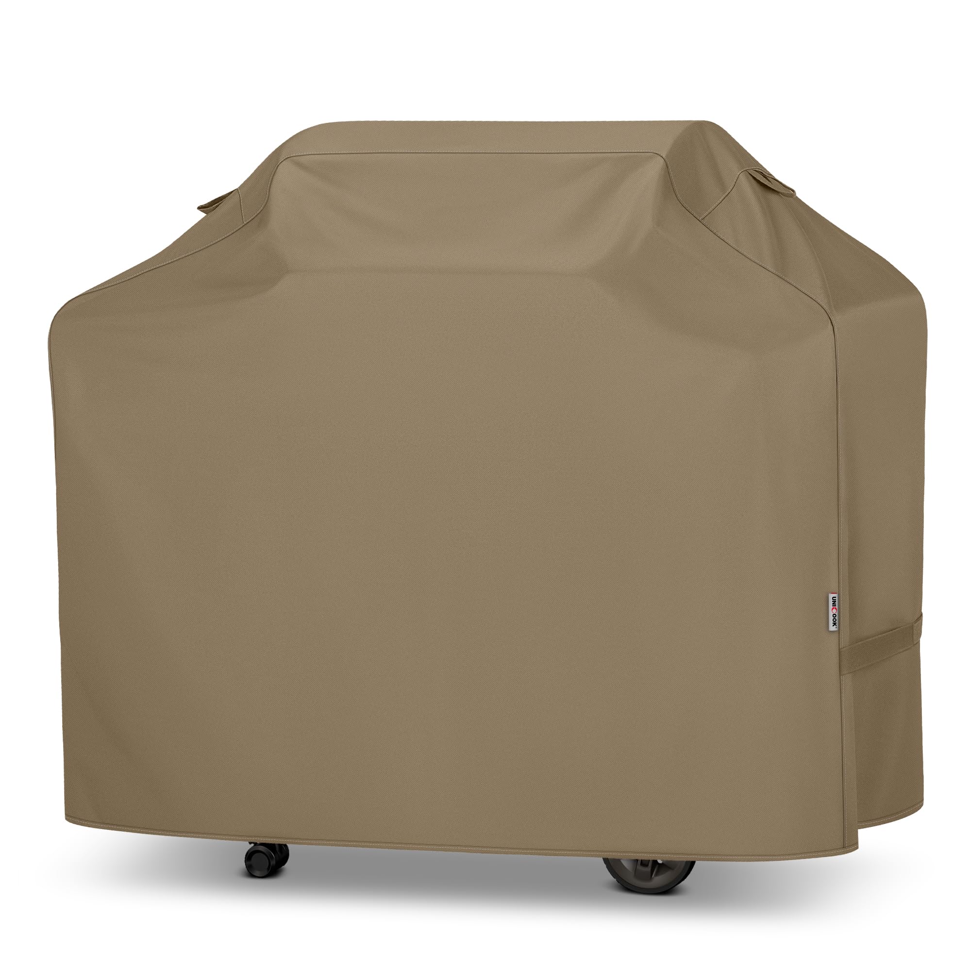 Unicook front view of 55-inch taupe grill cover protecting grill