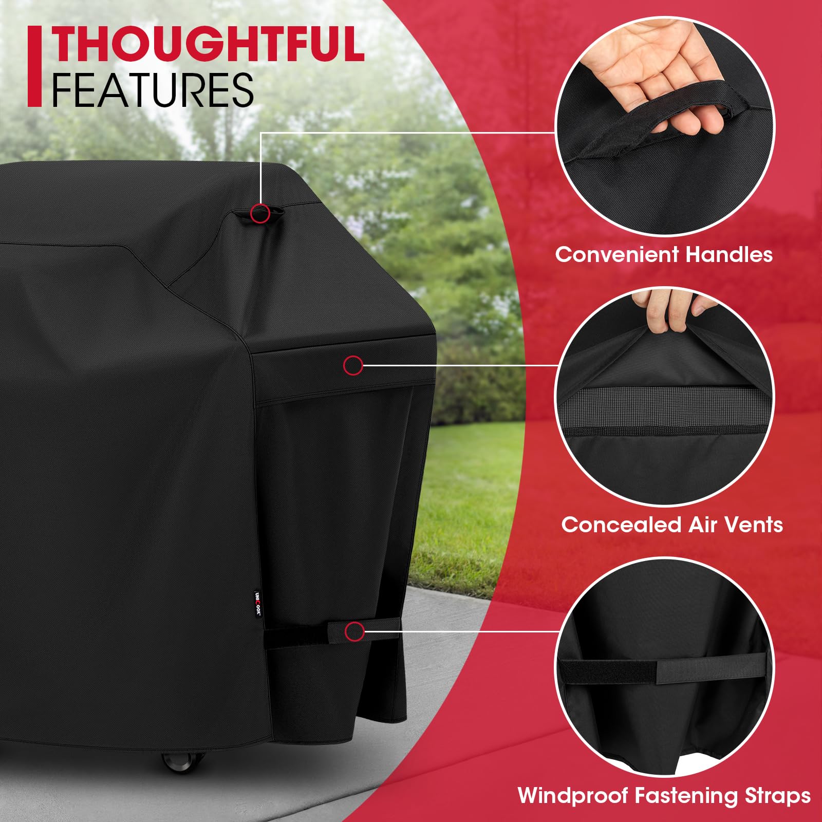 Unicook cover on a backyard grill demonstrating weather protection