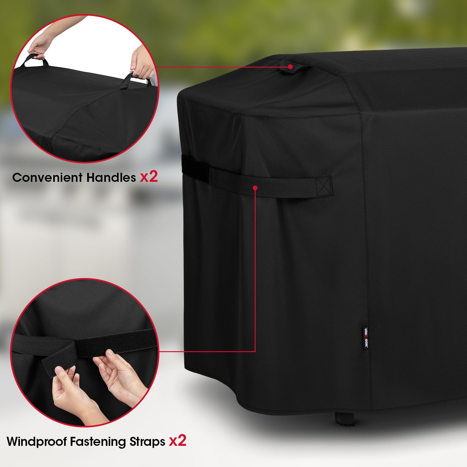 Unicook dimension illustration showing 55x20x34 inches for accurate fit