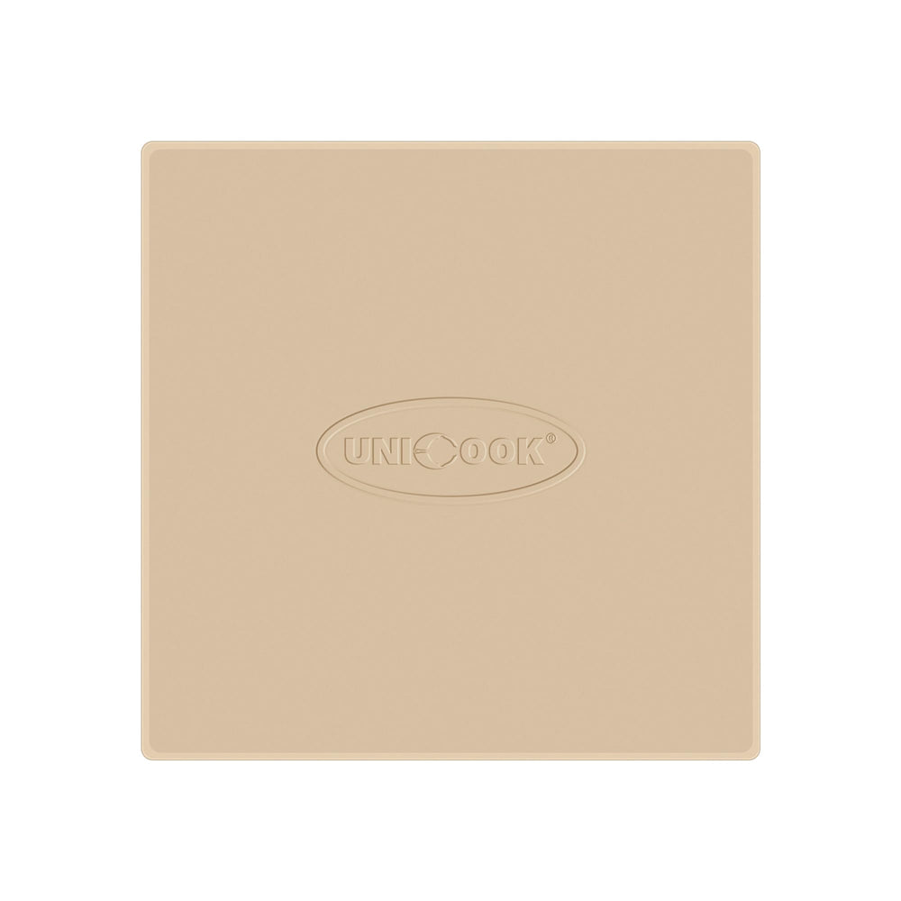 Unicook front view of pizza stone and packaging showing ready-to-bake benefit