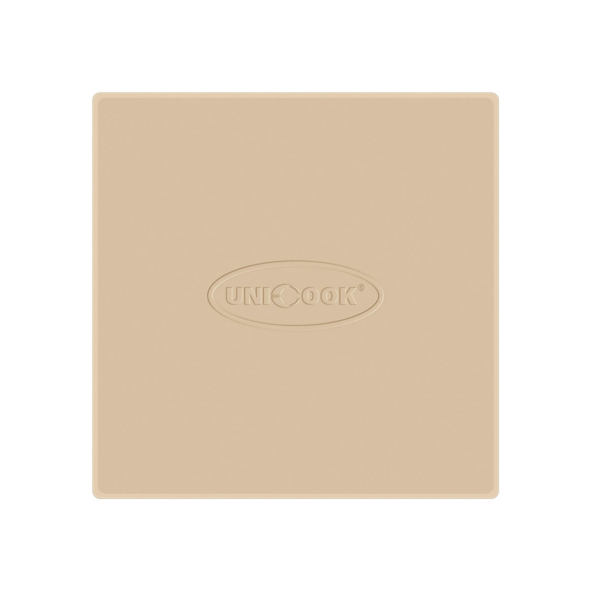 Unicook front view of pizza stone and packaging showing ready-to-bake benefit