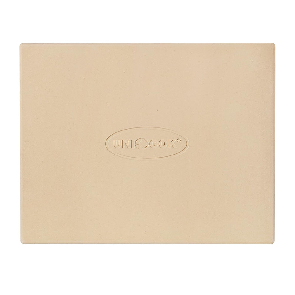 Unicook front view of rectangular pizza stone showing brand and durable surface for even baking