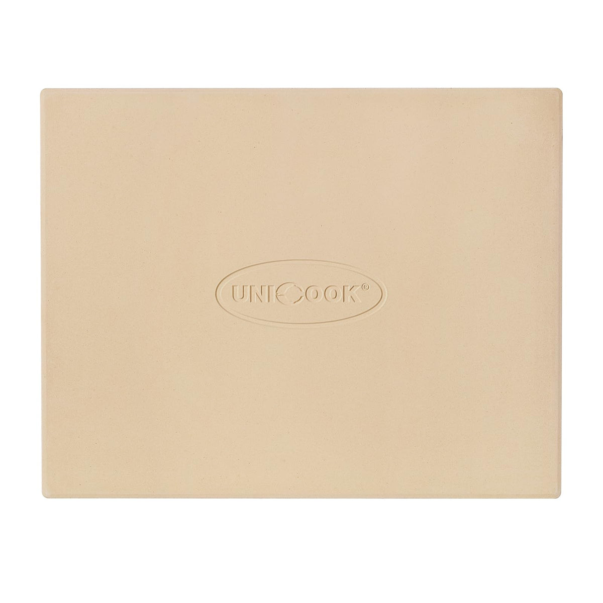 Unicook front view of rectangular pizza stone showing brand and durable surface for even baking