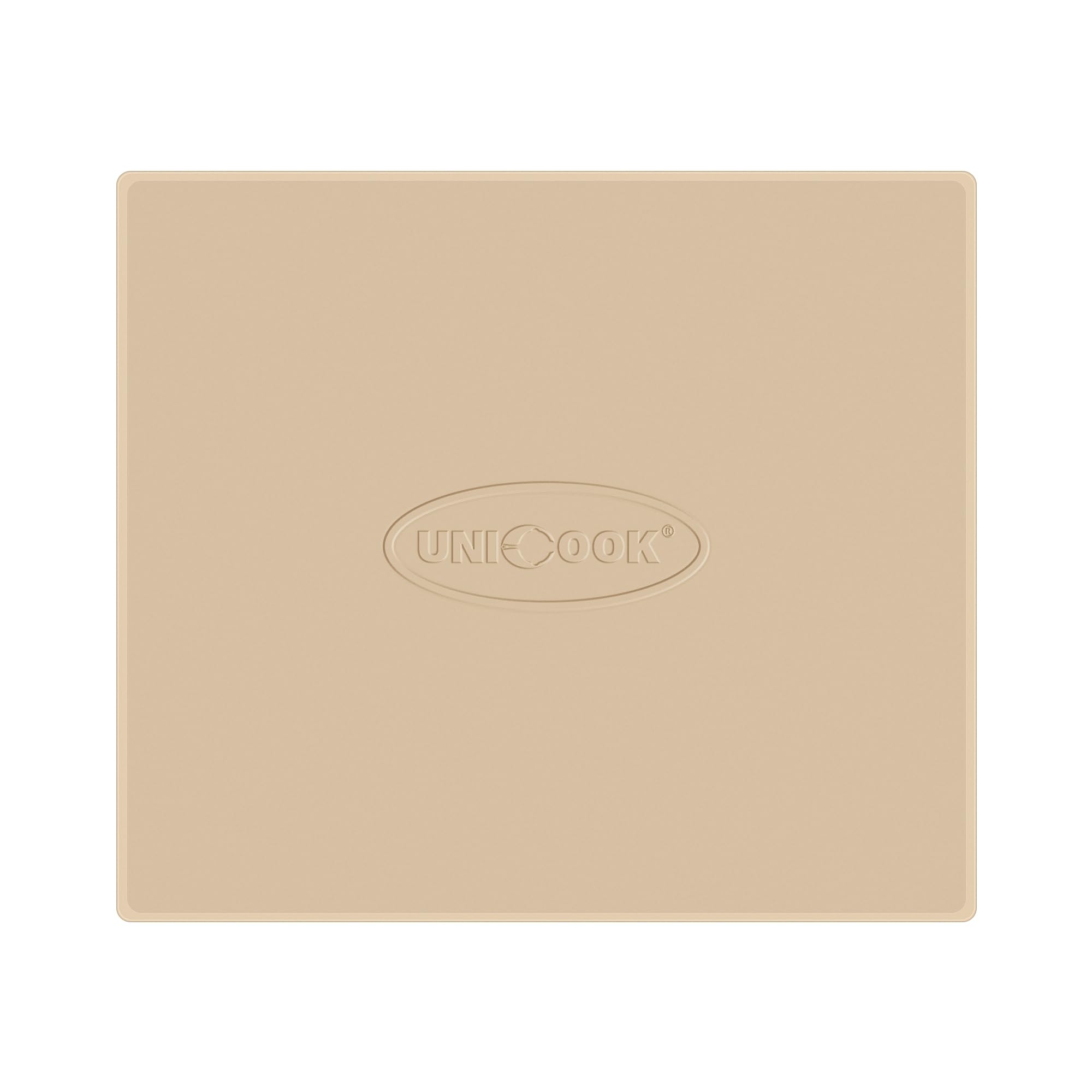 Unicook front packaging showing pizza stone and included dough scraper benefit crispy results