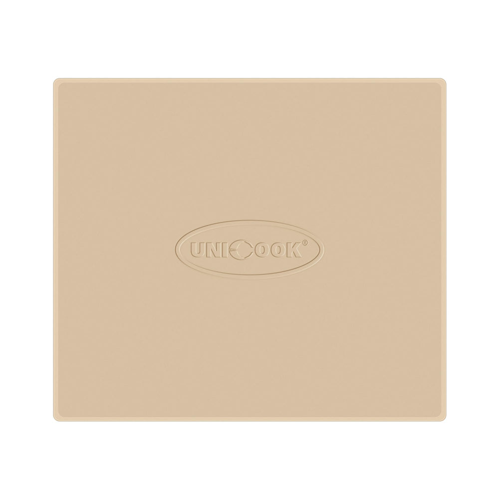 Unicook front packaging showing pizza stone and included dough scraper benefit crispy results