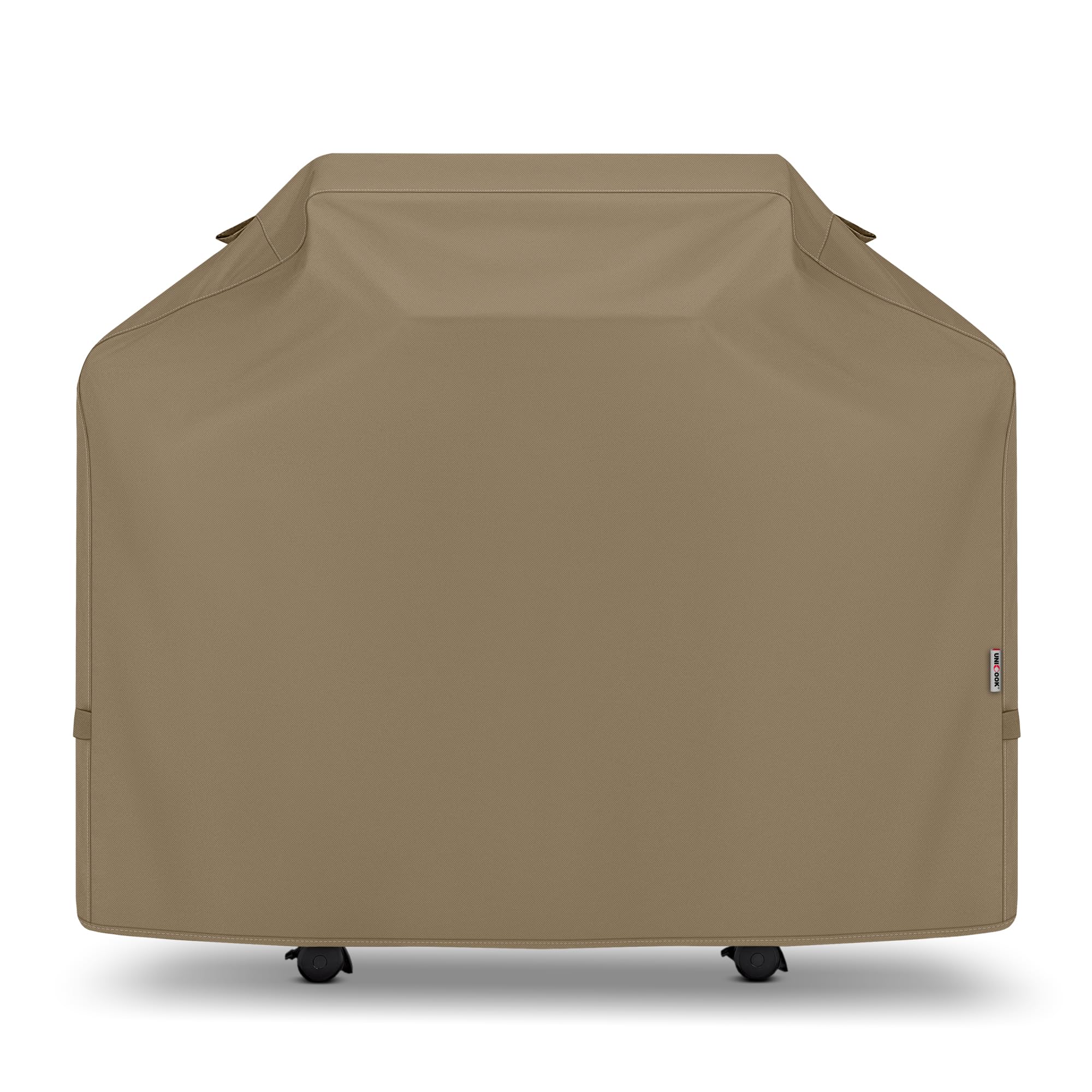 Unicook front view of 50-inch grill cover showing full fit and neutral taupe protection
