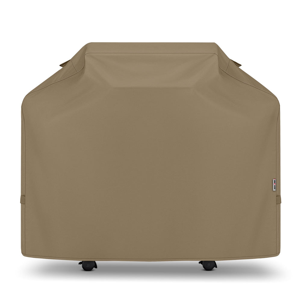 Unicook front view of 50-inch grill cover showing full fit and neutral taupe protection