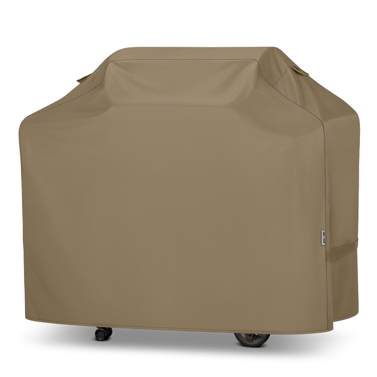 Unicook front view of 60-inch cover protecting entire grill outdoors