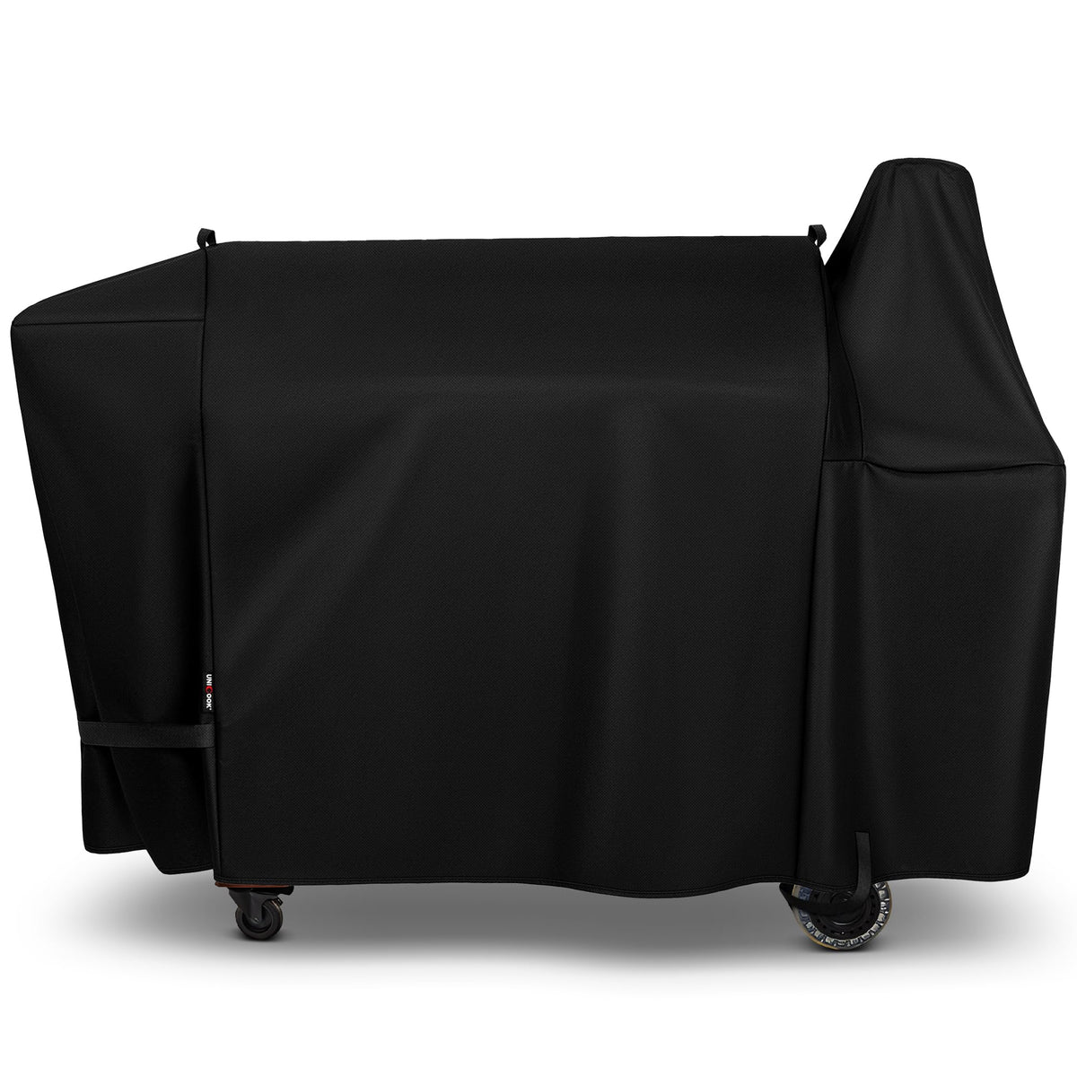 Unicook front view of pellet grill cover protecting Pit Boss grill outdoors