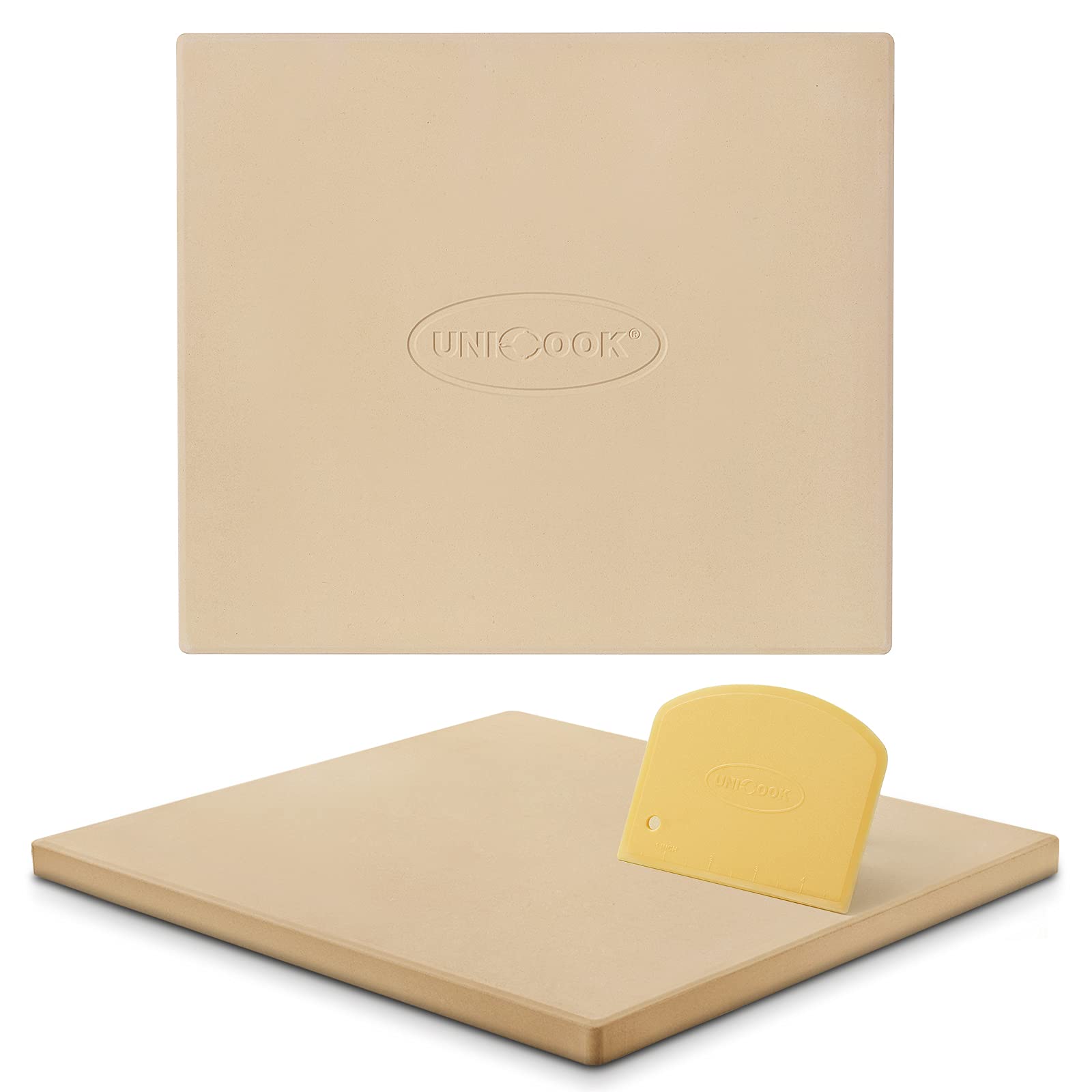 Unicook front view of rectangular pizza stone showing full baking surface benefit