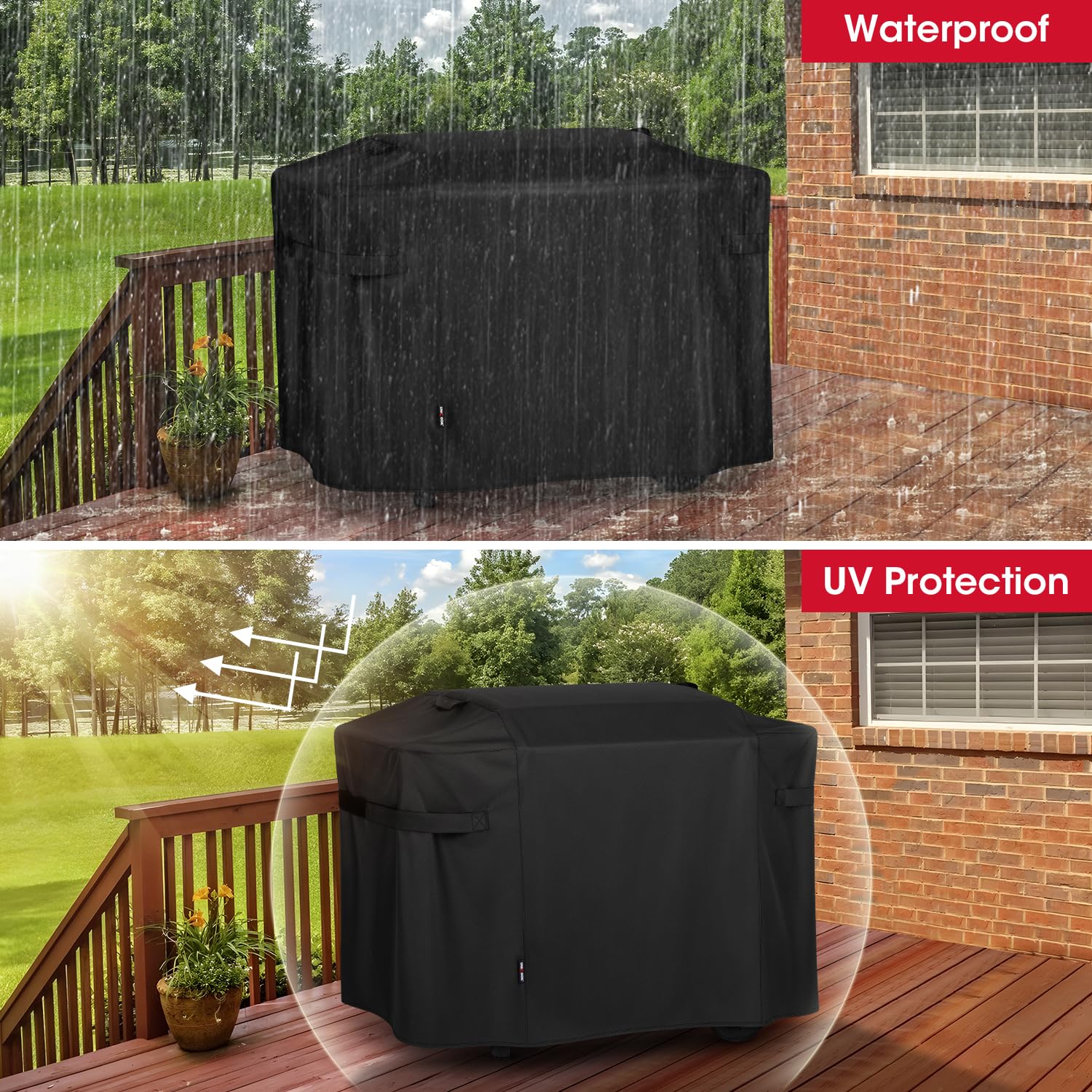 Unicook lifestyle backyard scene with covered grill keeping equipment clean