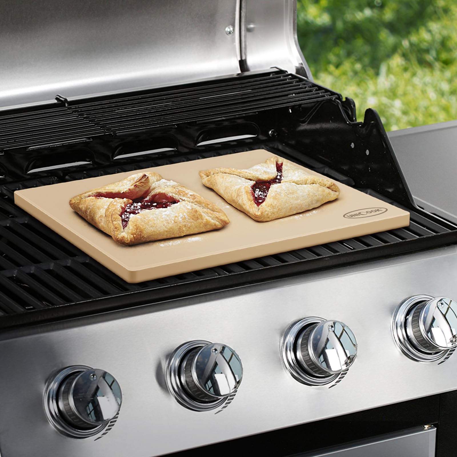 Unicook lifestyle image serving a baked pizza from the stone to showcase finished crust benefit
