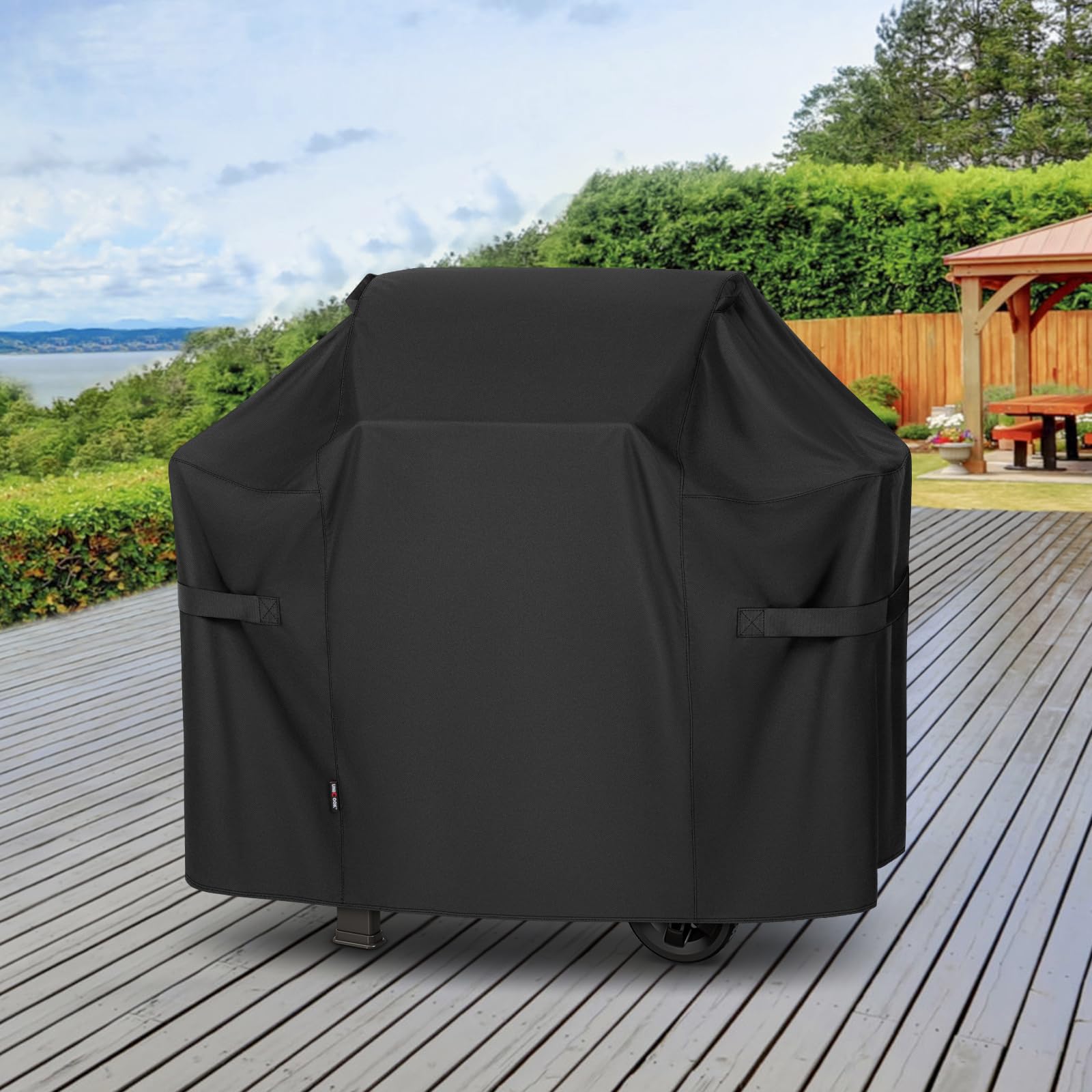 Unicook cover on patio grill in backyard protecting from sun and rain