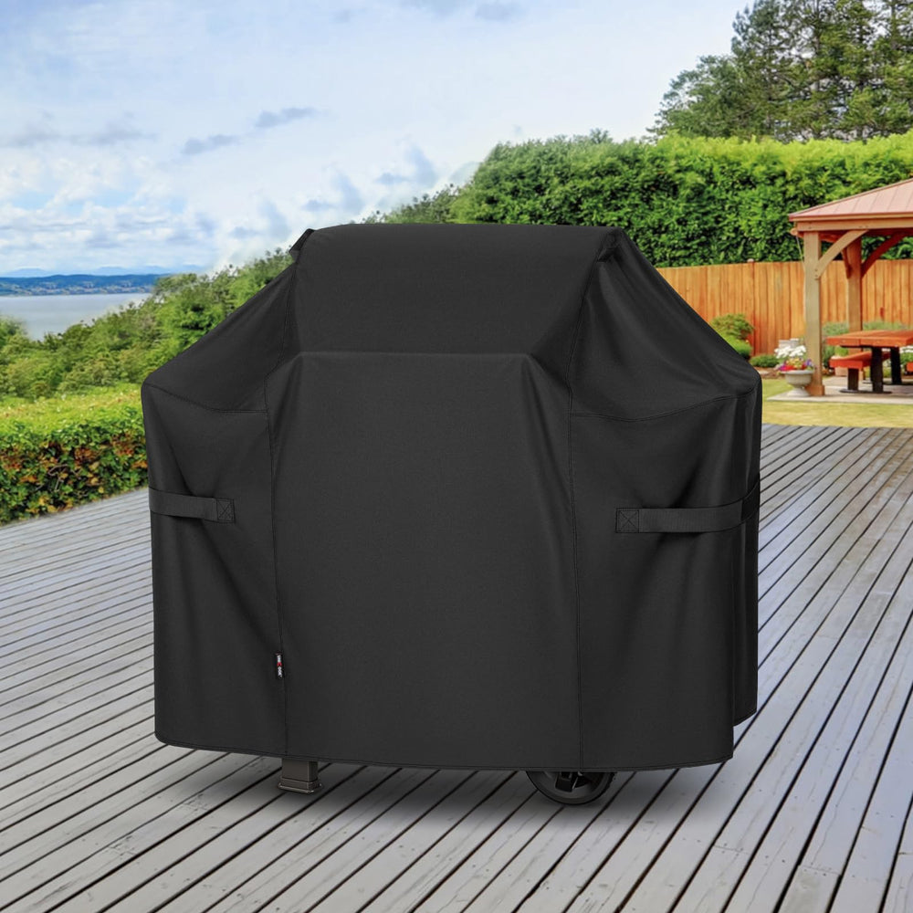 Unicook cover on patio grill in backyard protecting from sun and rain