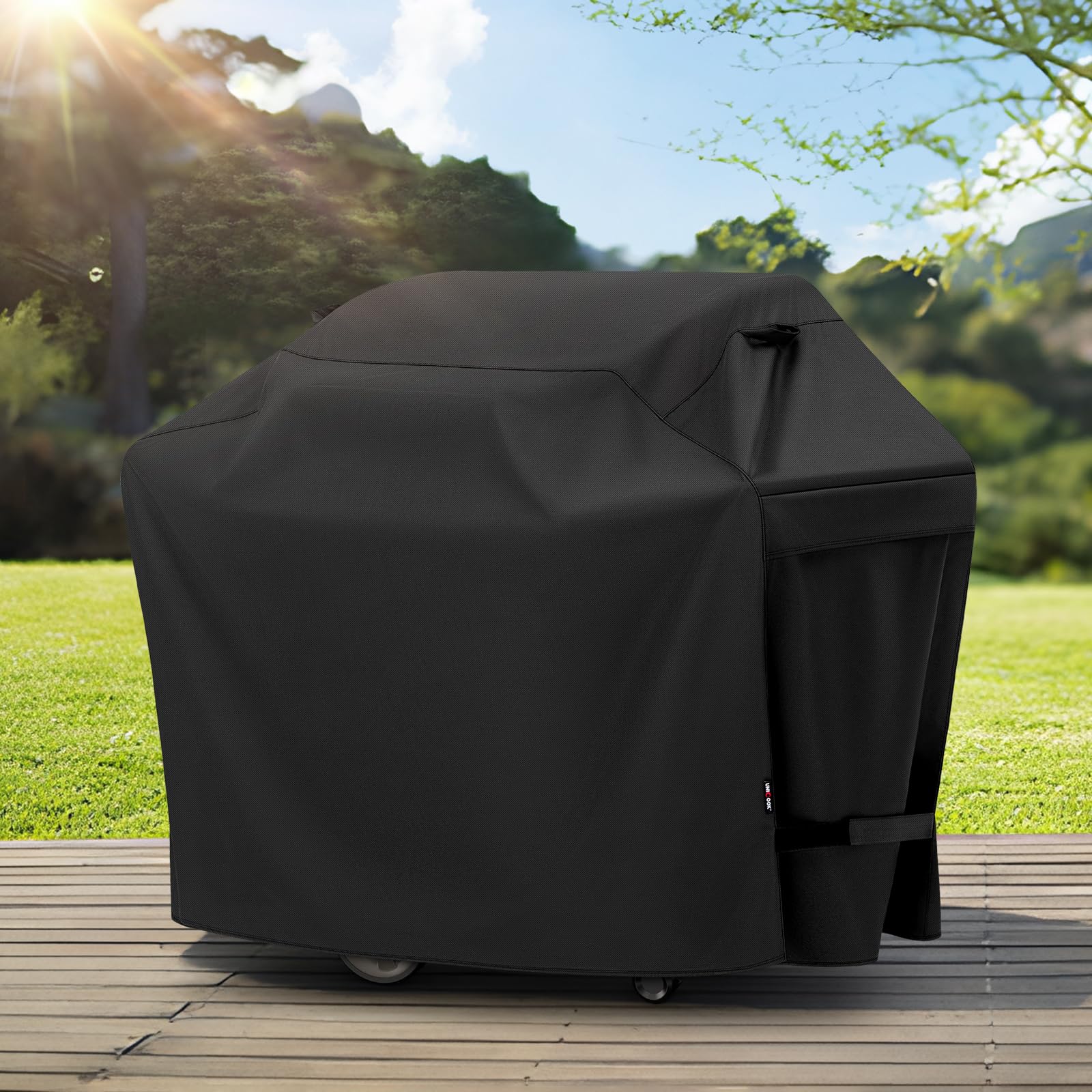 Unicook cover with measuring tape showing fit for grills up to 68 inches wide