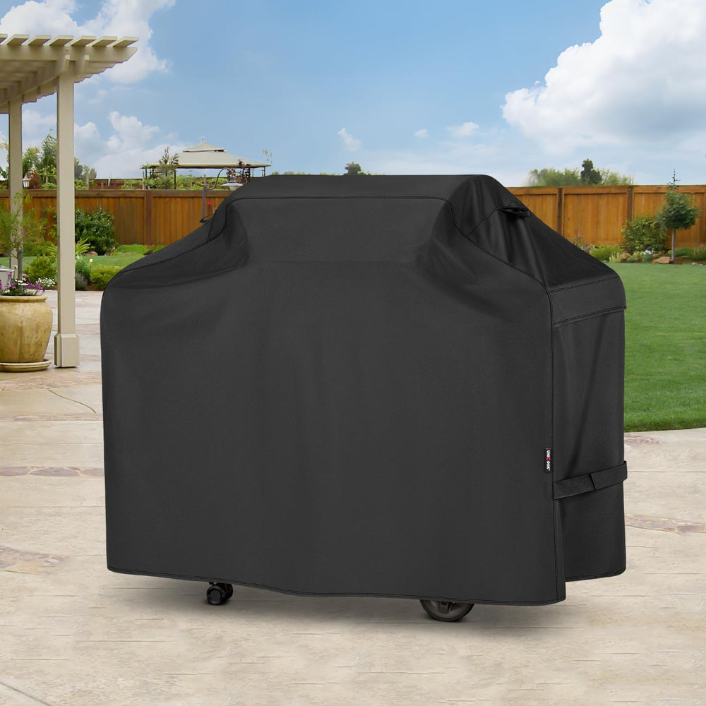 Unicook cover beside a standard 3–4 burner grill showing size fit and compatibility